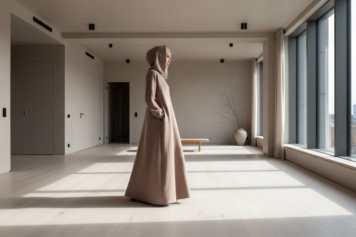 Person wearing a long beige coat and headscarf standing in a minimalistic room.