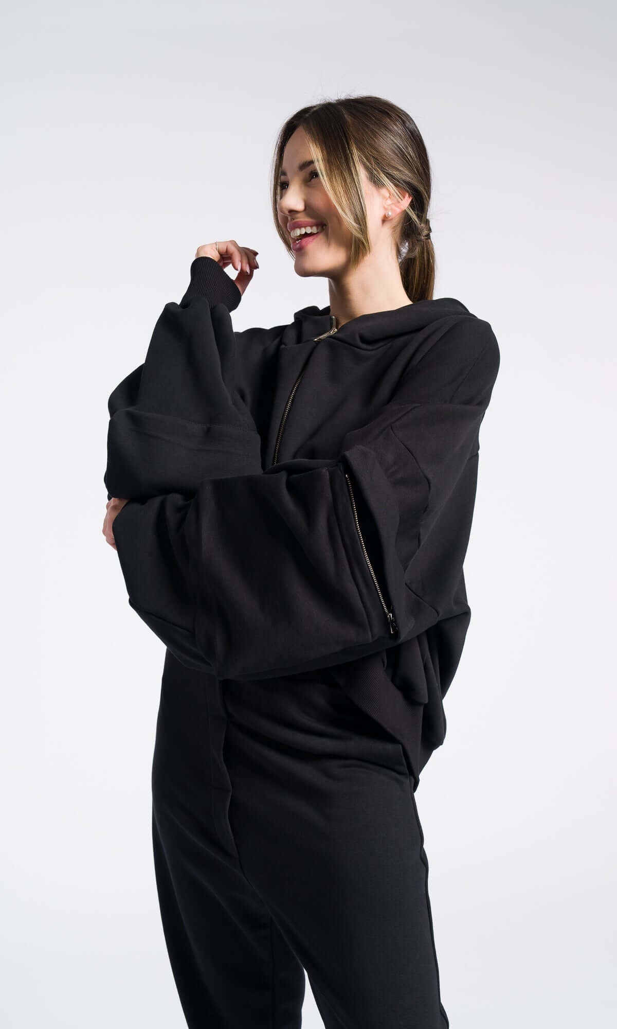 Sweat-shirt long zippé à capuche en polaire / Hoodie long avec passe-pouces / Hoodie alternatif doublé extra-long