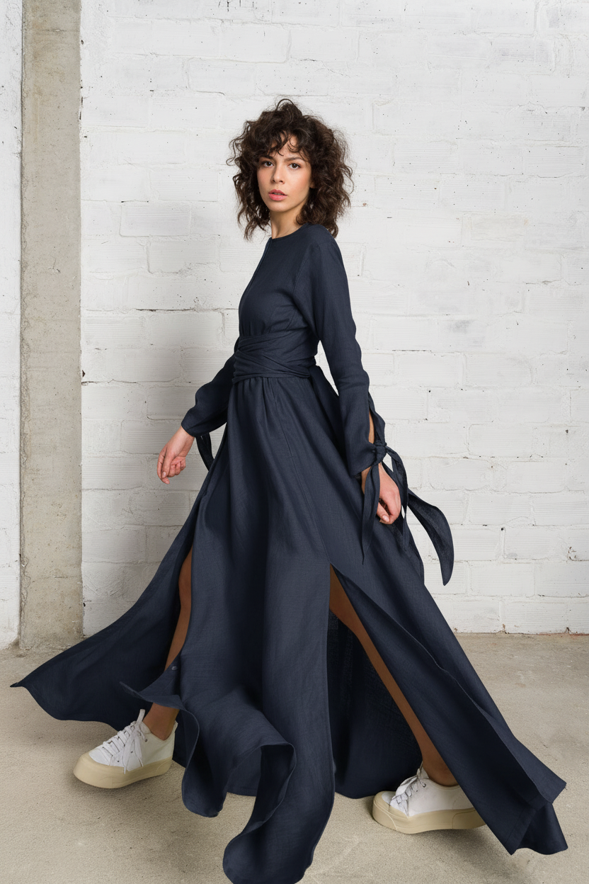 Langes Leinenhemdkleid mit Gürtel