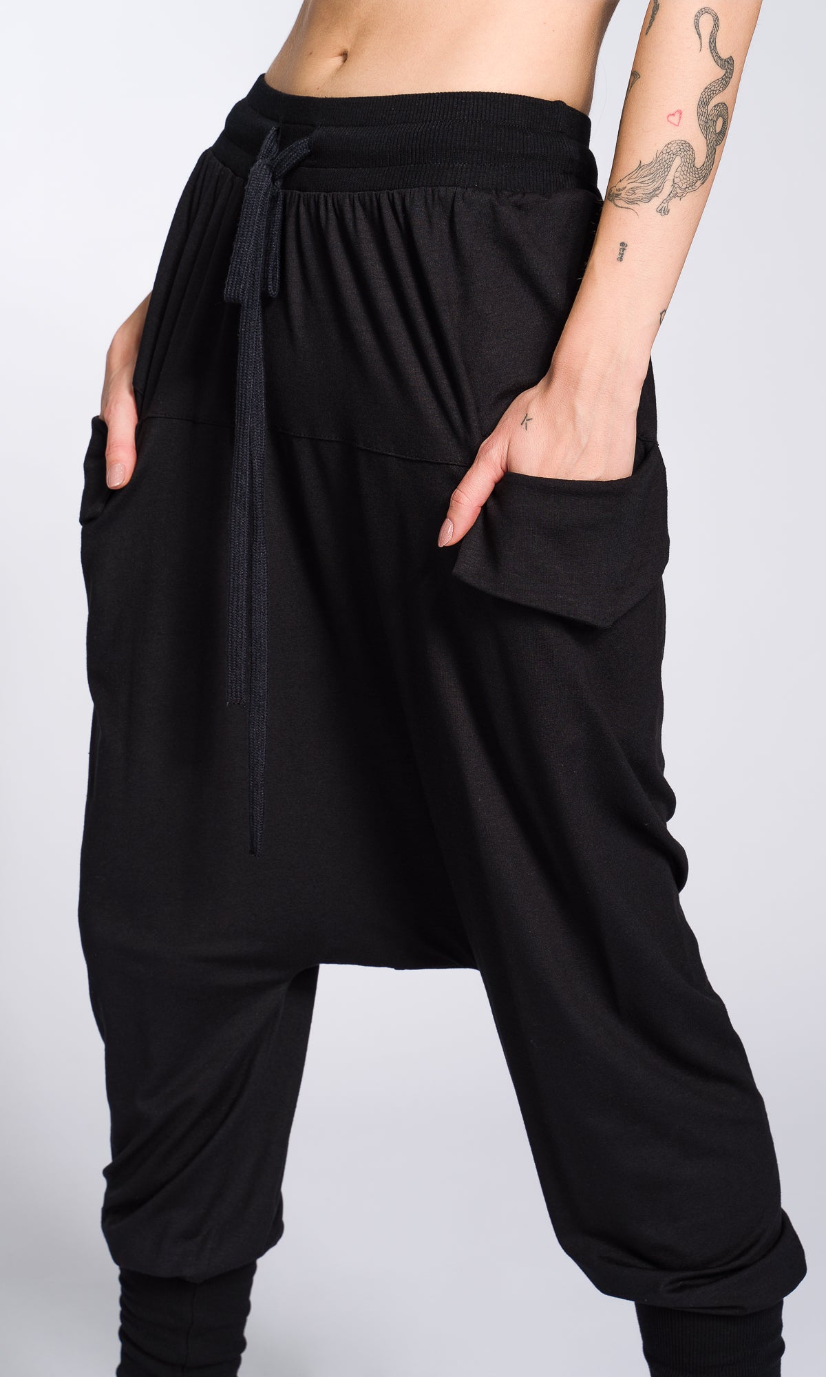 Loose Drop Crotch Pants with Ribbed Cuffs - AAKASHA
