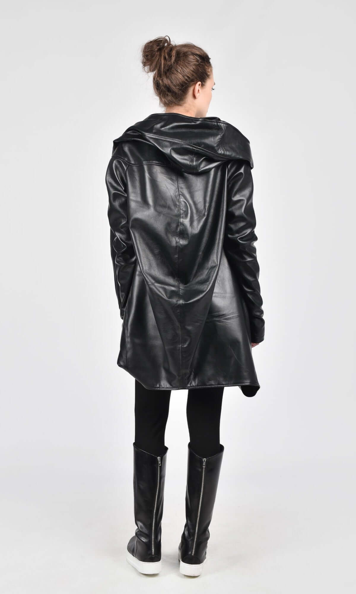 Asymmetric Genuine Leather Hooded Coat
