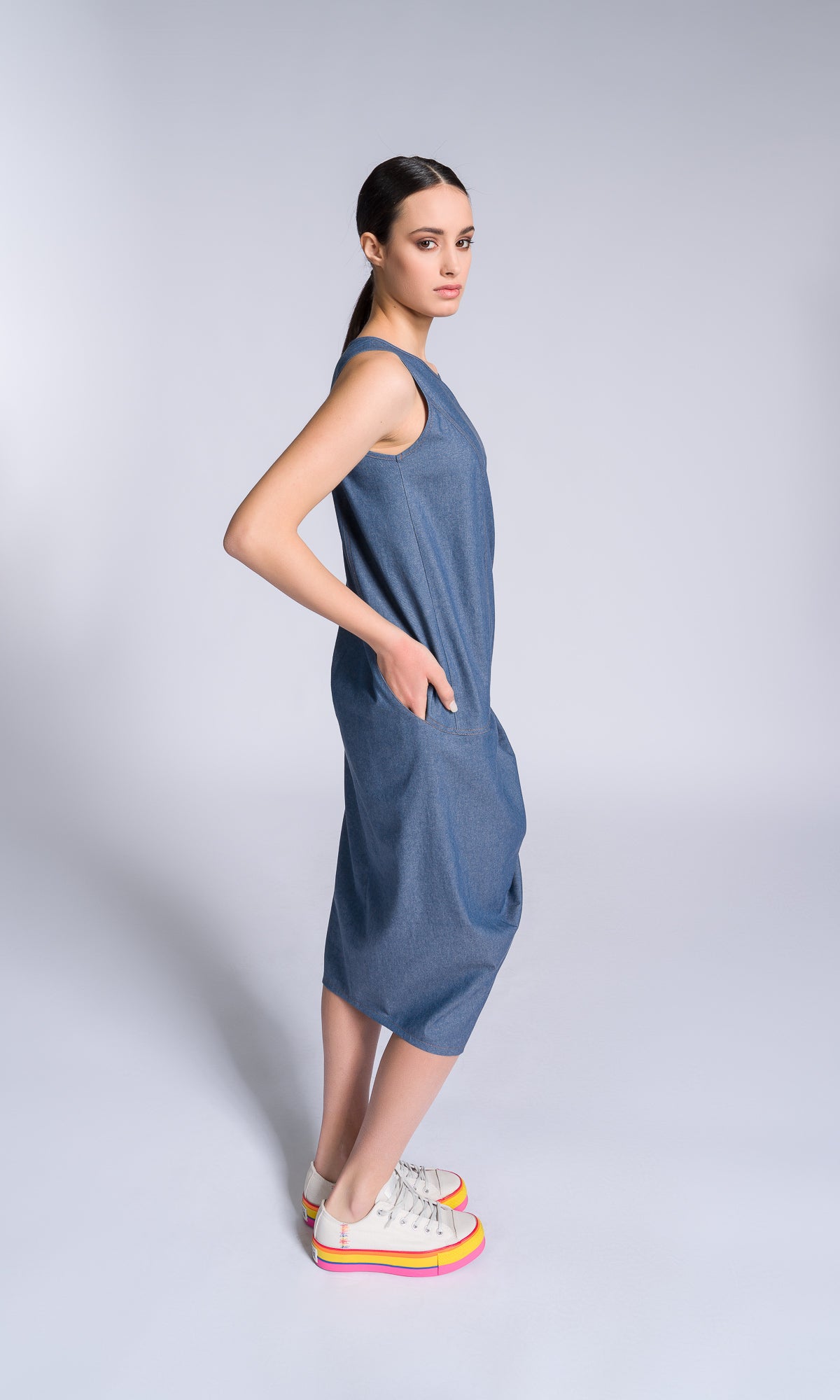 Chambray Dress with Twisted Pleat - AAKASHA