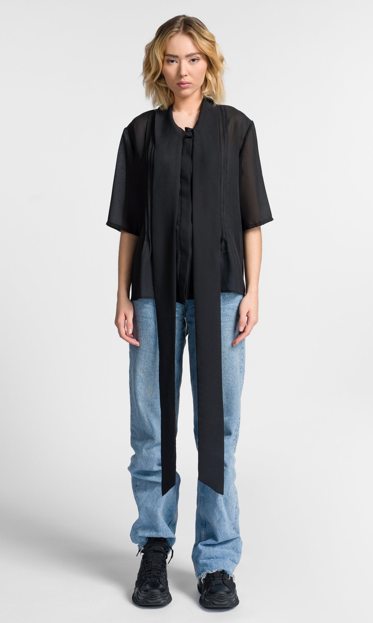 Chiffon Shirt with Long Scarf Collar