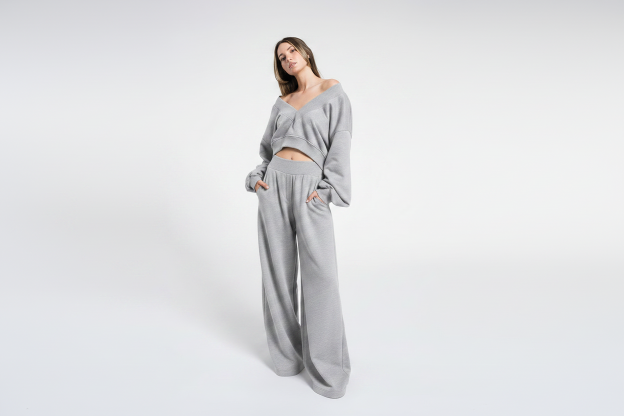 A woman modeling a matching burgundy off-the-shoulder long-sleeve crop top and wide-leg pants set against a light gray studio background.