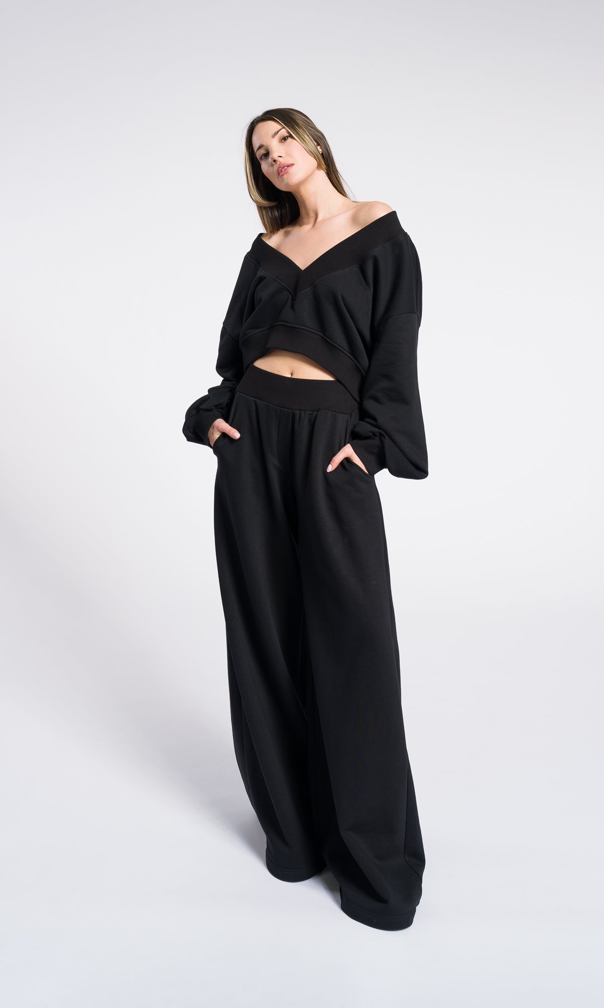 V neck crop top with Wide Leg Pants Set , Cotton casual SET