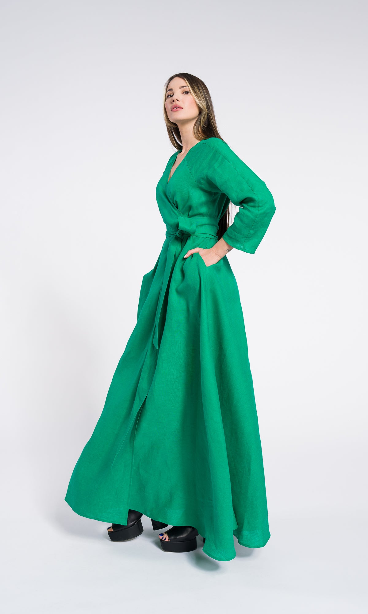 Maxi linen wrapped dress with belt and pockets , Summer long sleeves Dress, Party dress , Bohemian Flowing Dress