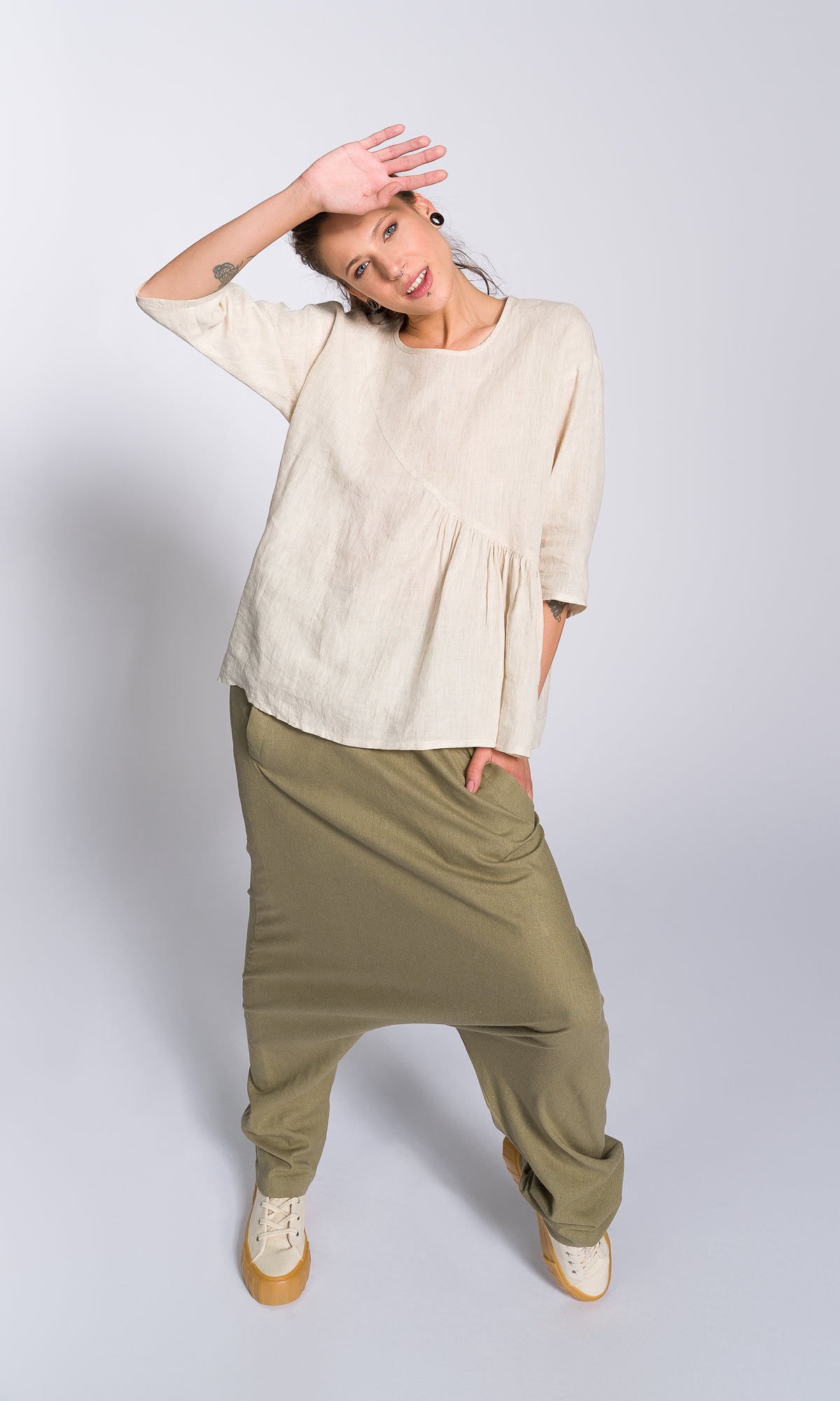 Linen Blouse with Front Gathering - AAKASHA