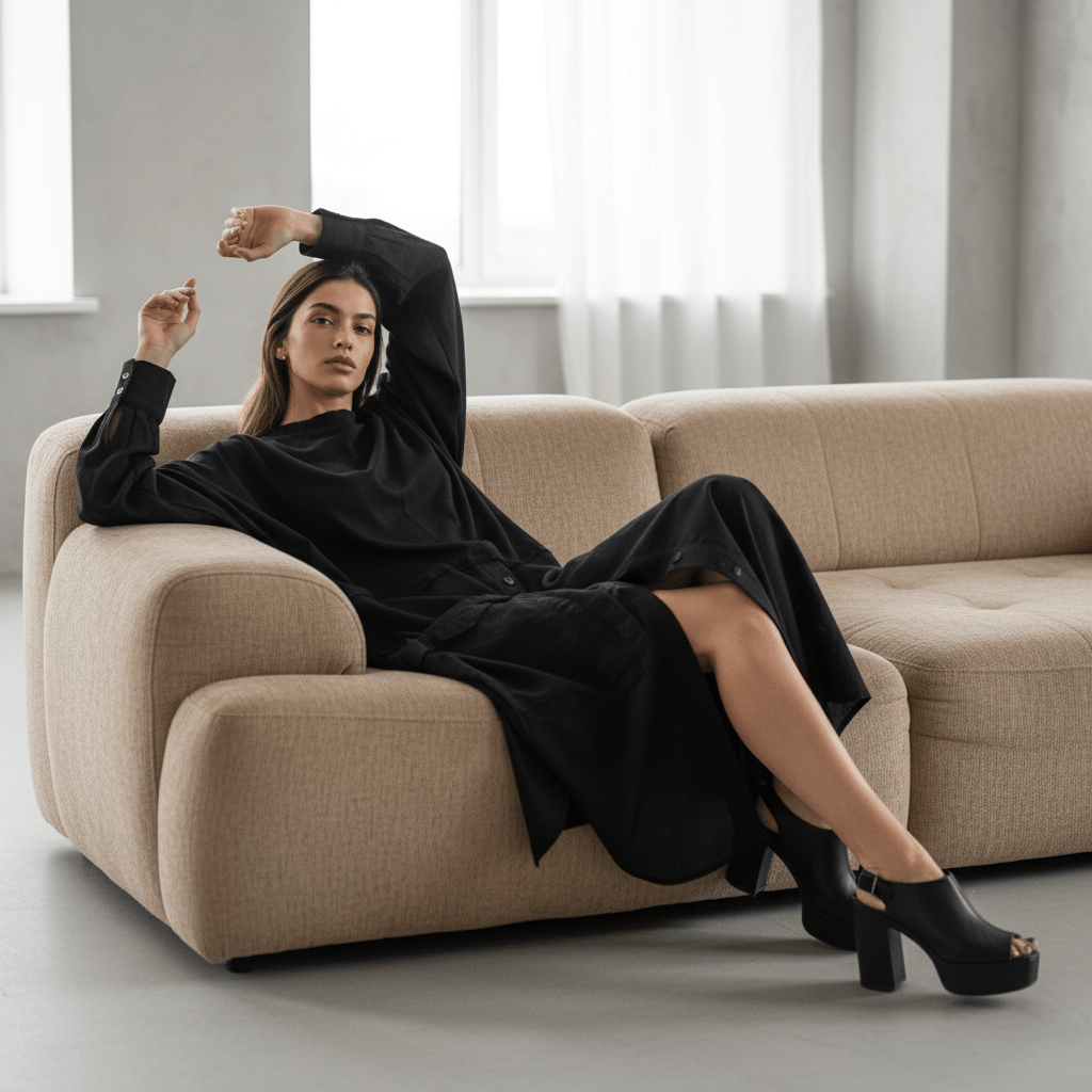 Woman in a black dress sitting on a beige sofa in a minimalistic room.