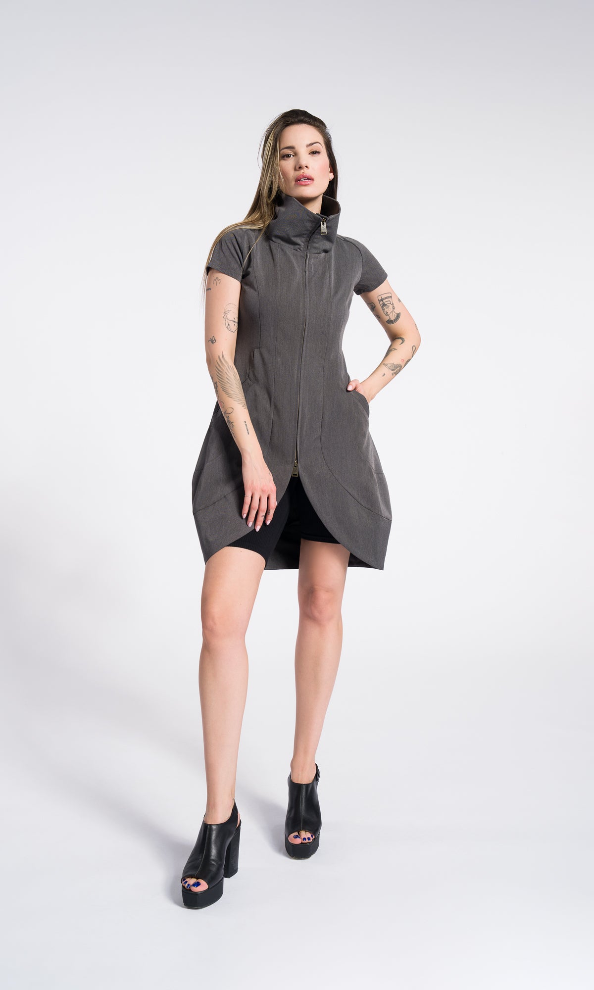 Black Tunic Dress with Front Zipper