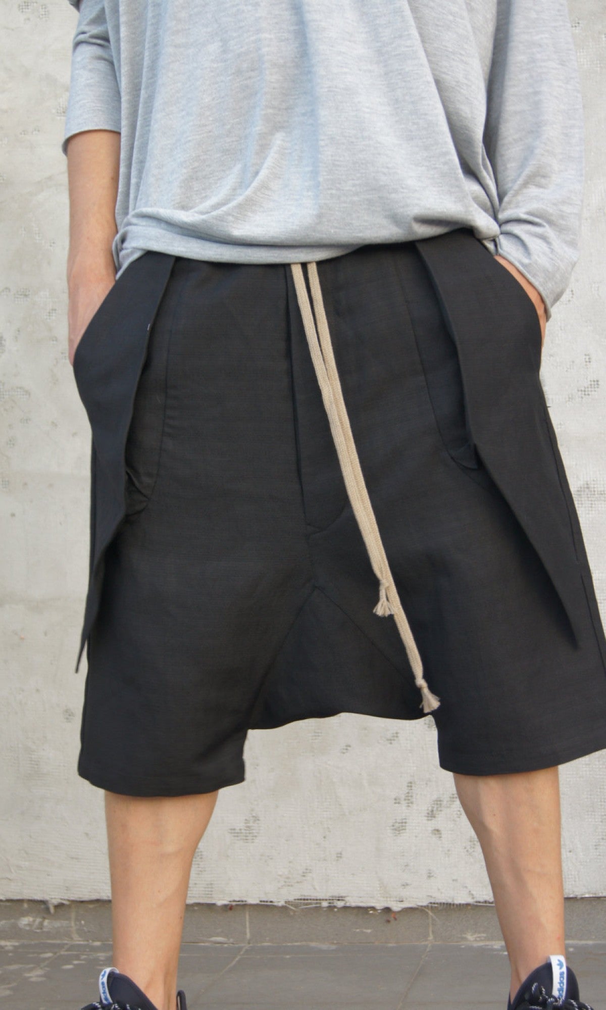 Linen Harem Shorts with Deep Drop Crotch - AAKASHA