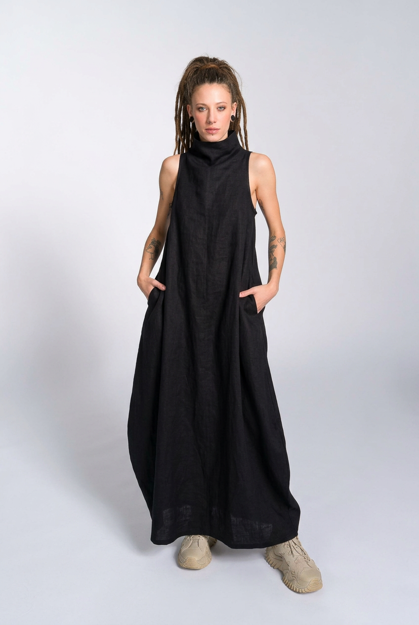Leinen-Kokonkleid mit hohem Ausschnitt