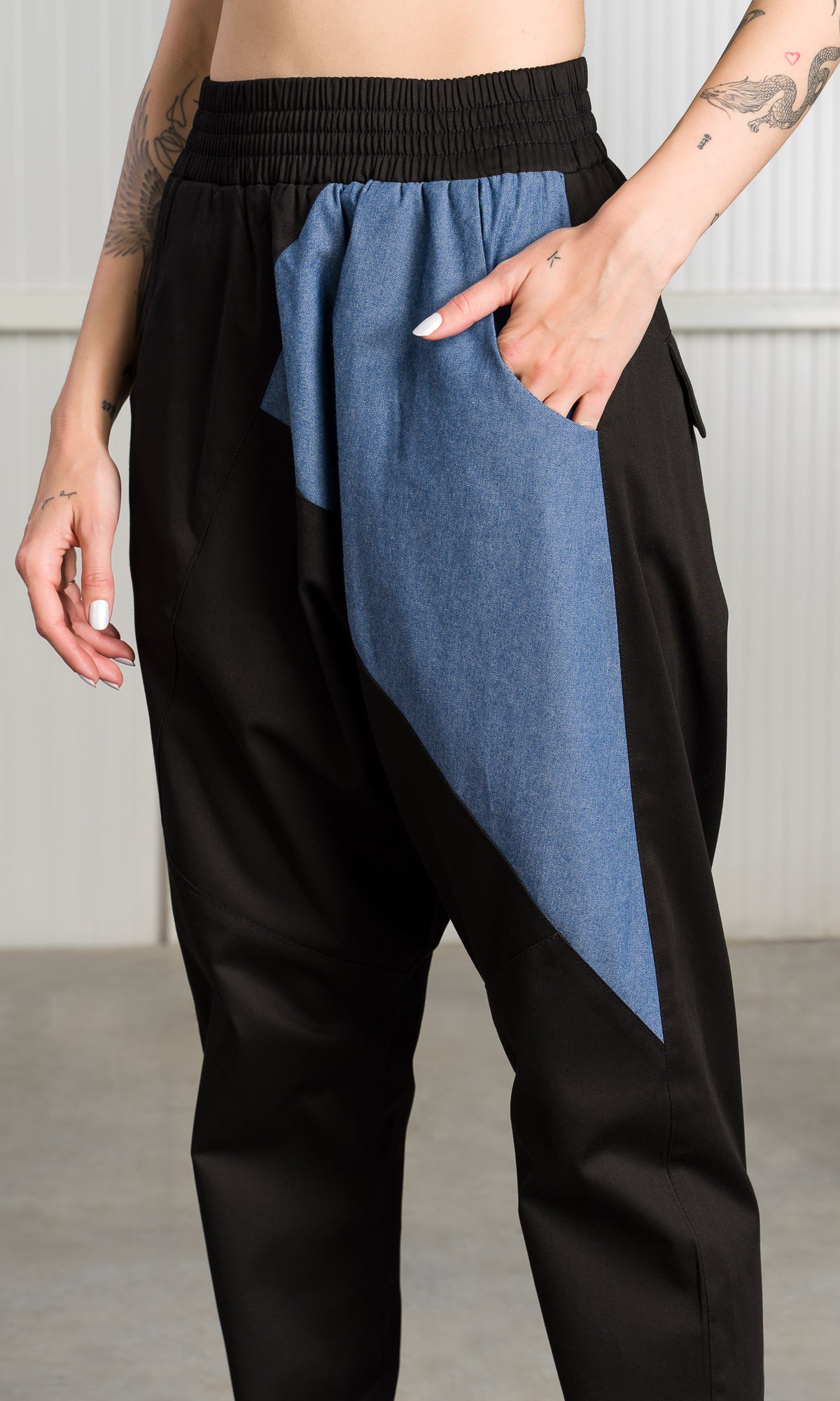 Drop Crotch Pants with Chambray Detail - AAKASHA