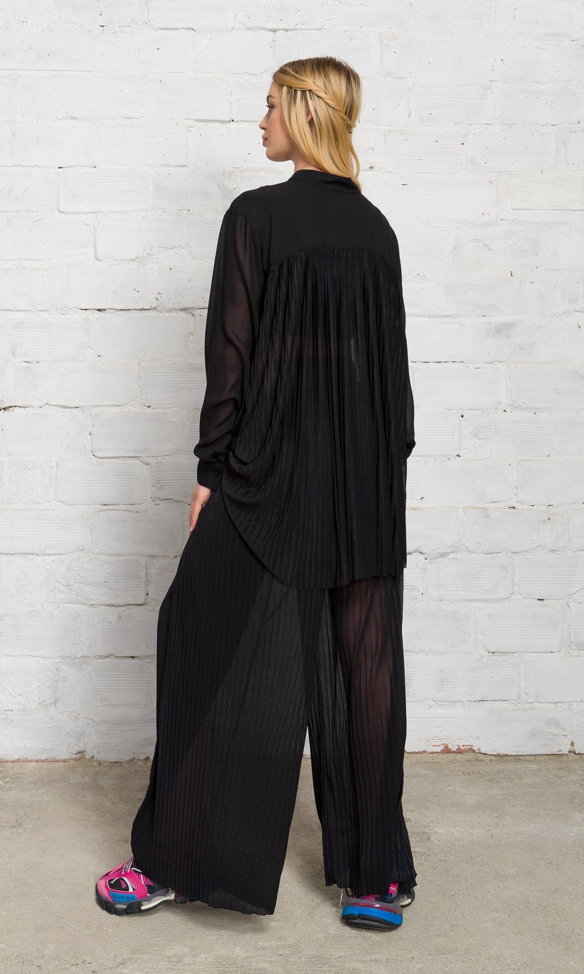 Sheer Pleated Wide Leg Pants