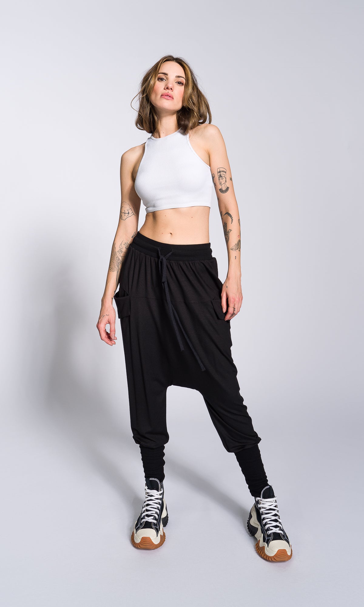 Loose Drop Crotch Pants with Ribbed Cuffs - AAKASHA
