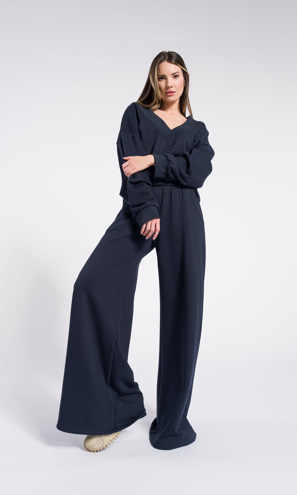 V neck crop top with Wide Leg Pants Set , Cotton casual SET