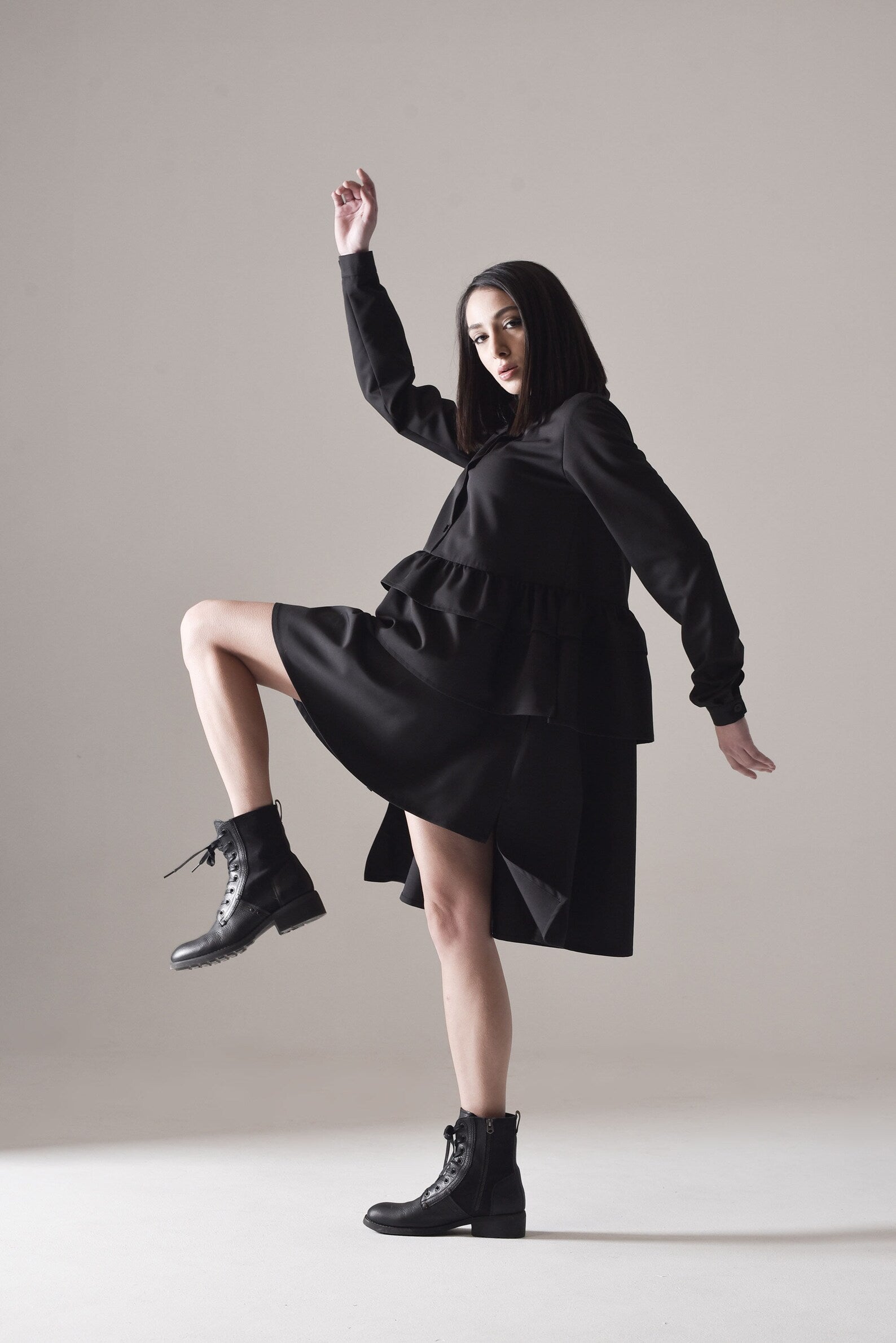 Long sleeve frill hem shirt dress