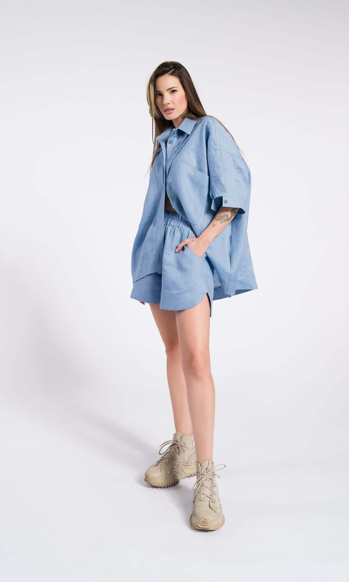 Shorts estivi in lino, modello morbido con tasche, abbigliamento sostenibile in lino