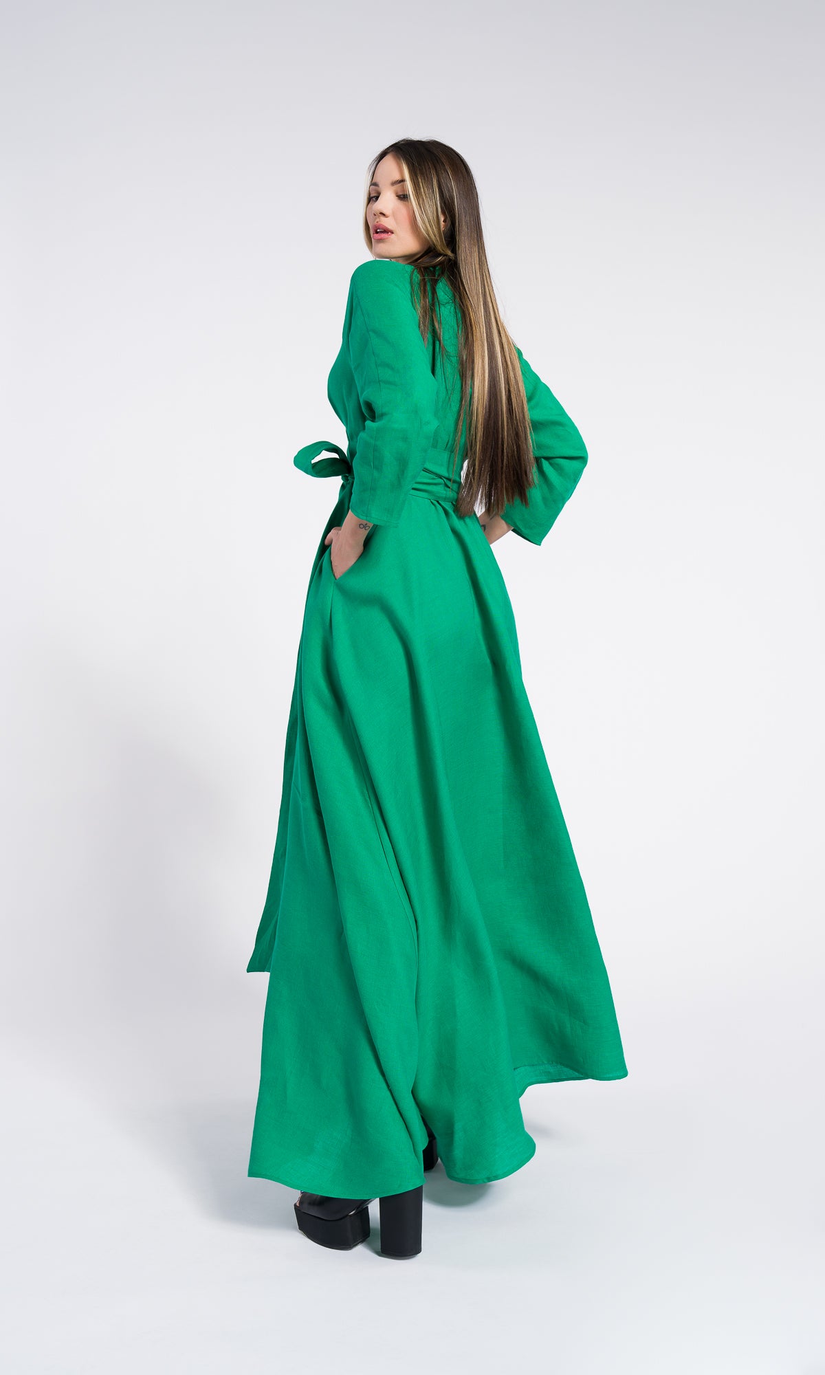 Maxi linen wrapped dress with belt and pockets , Summer long sleeves Dress, Party dress , Bohemian Flowing Dress
