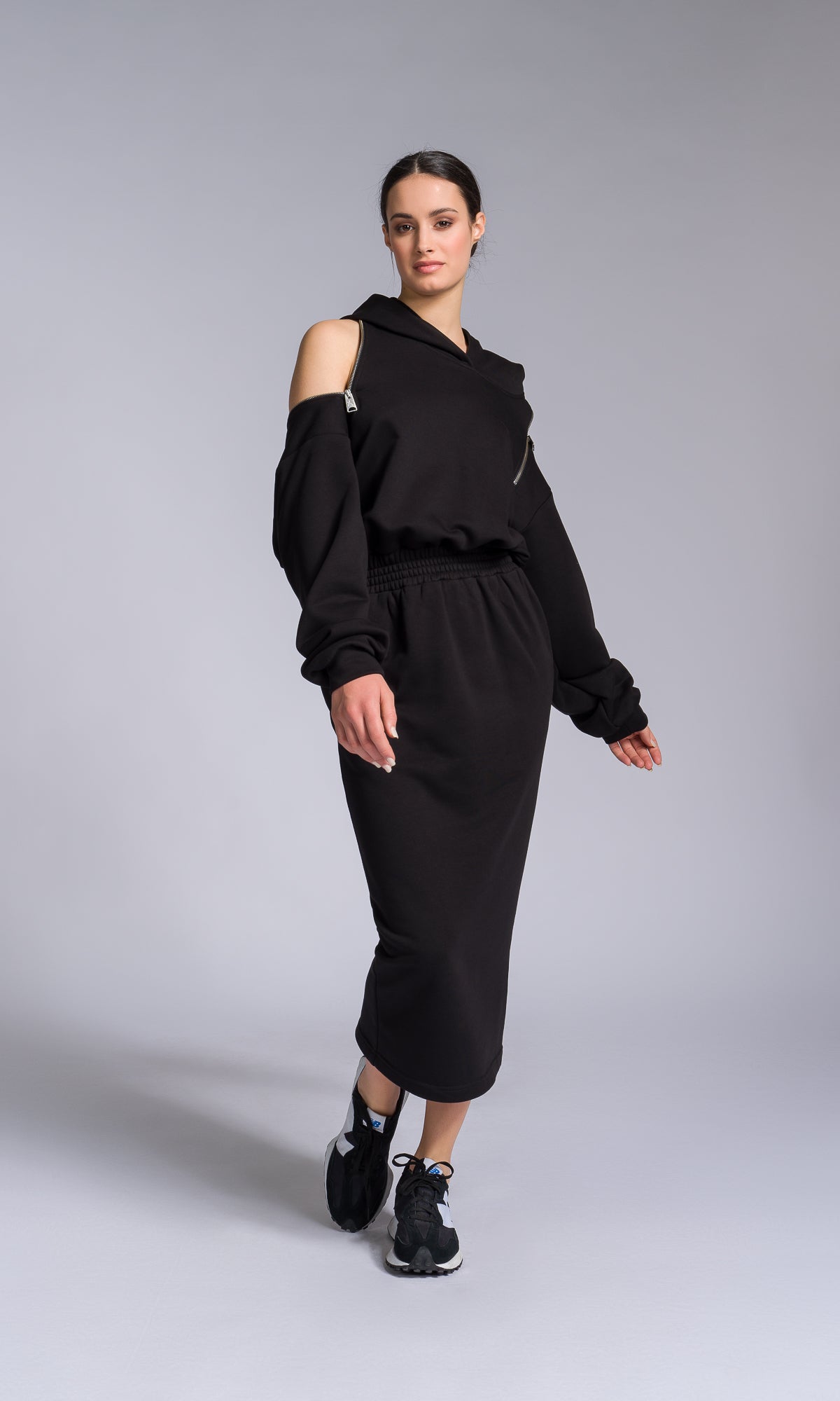 Hooded Cotton Dress with Zippered Shoulders - AAKASHA