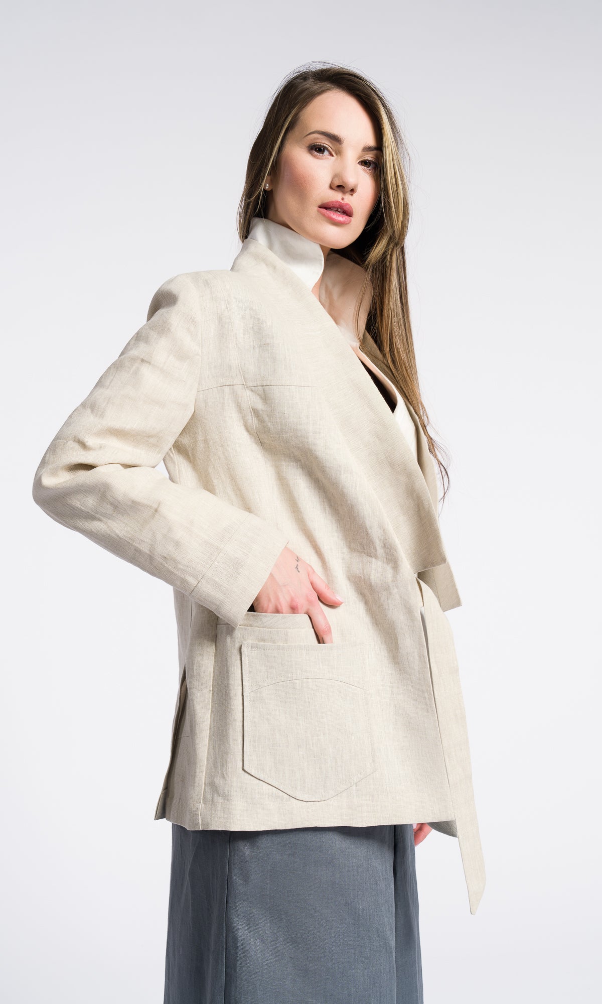 Linen Summer Kimono Blazer with pockets and stripes