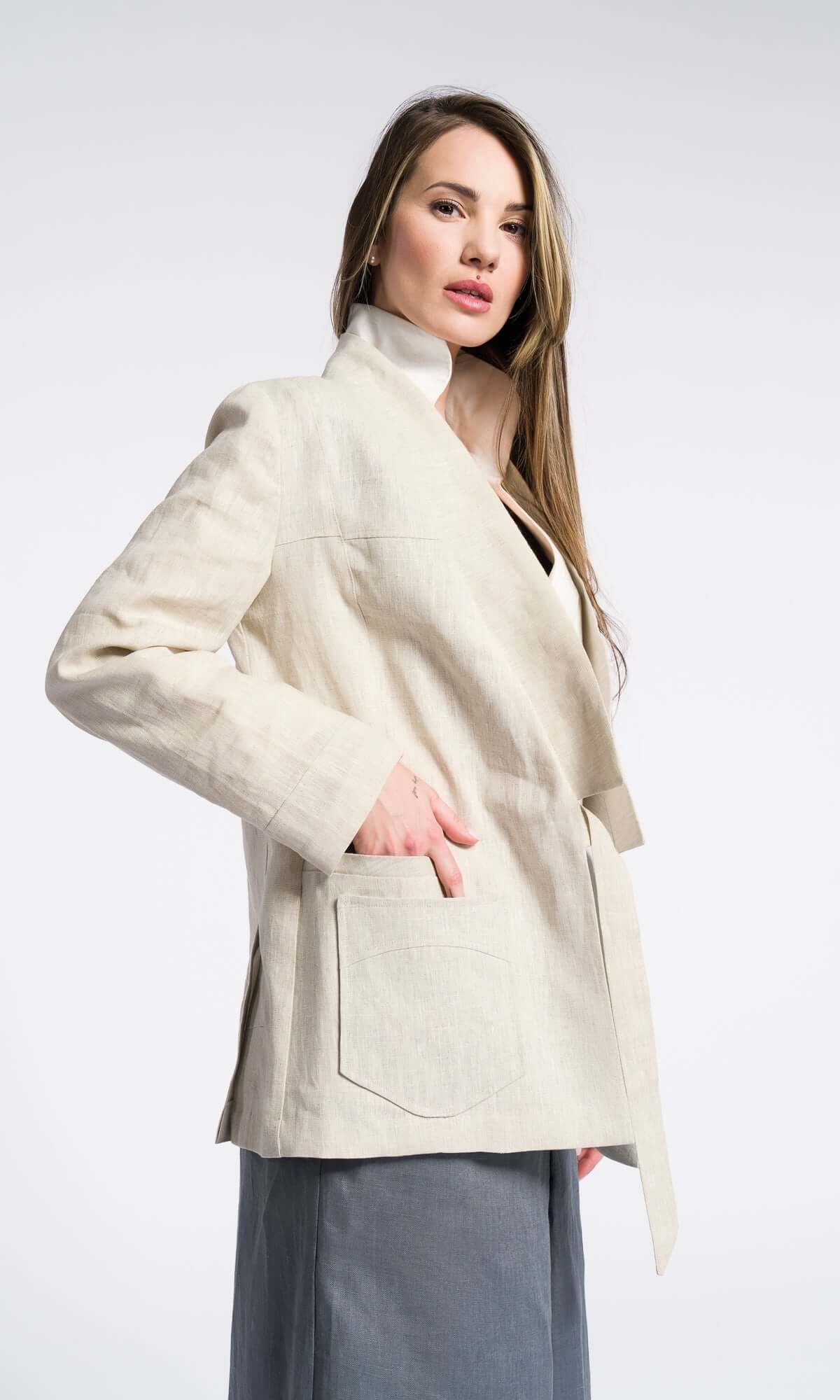 Blazer kimono estivo in lino a righe con tasche