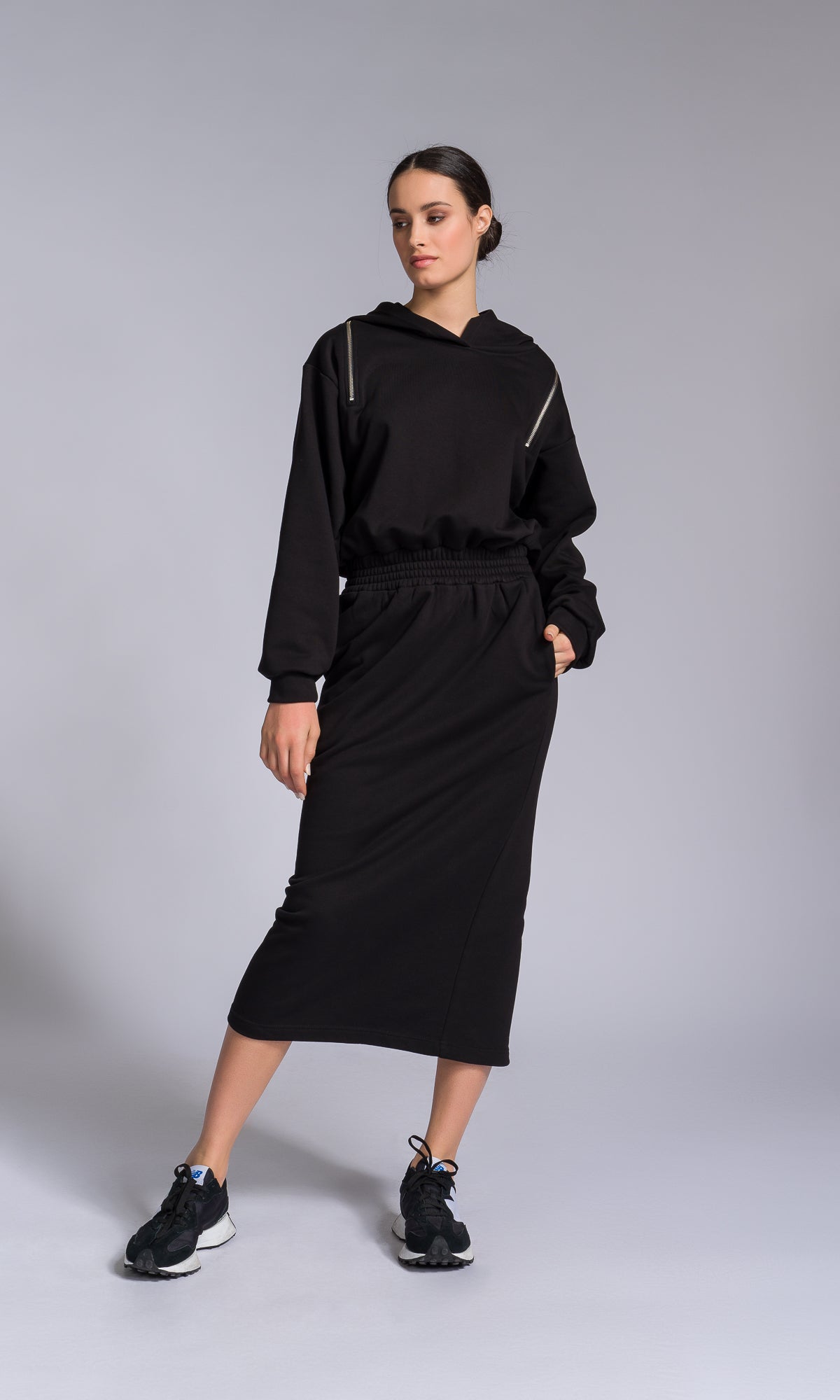 Hooded Cotton Dress with Zippered Shoulders - AAKASHA