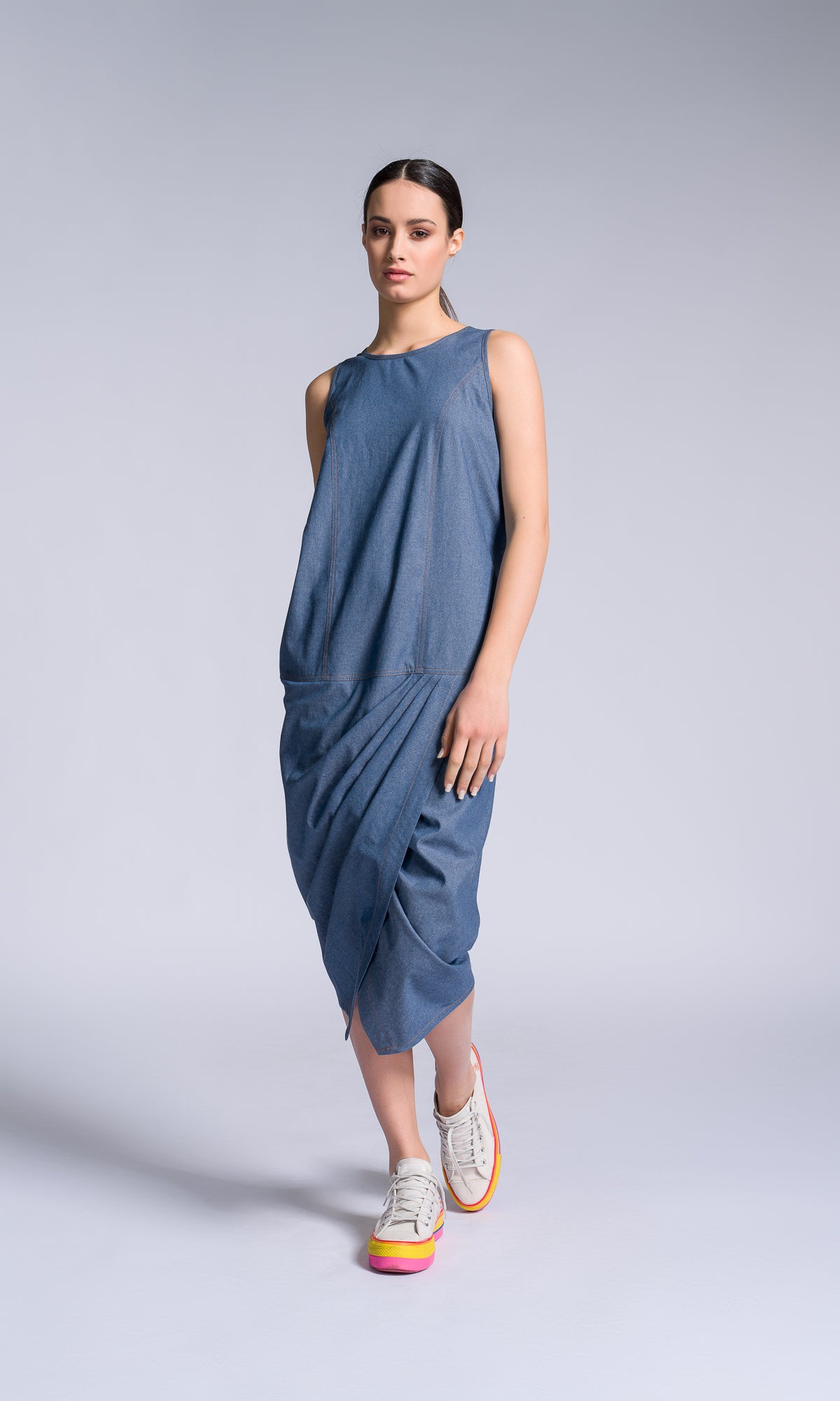 Chambray Dress with Twisted Pleat - AAKASHA
