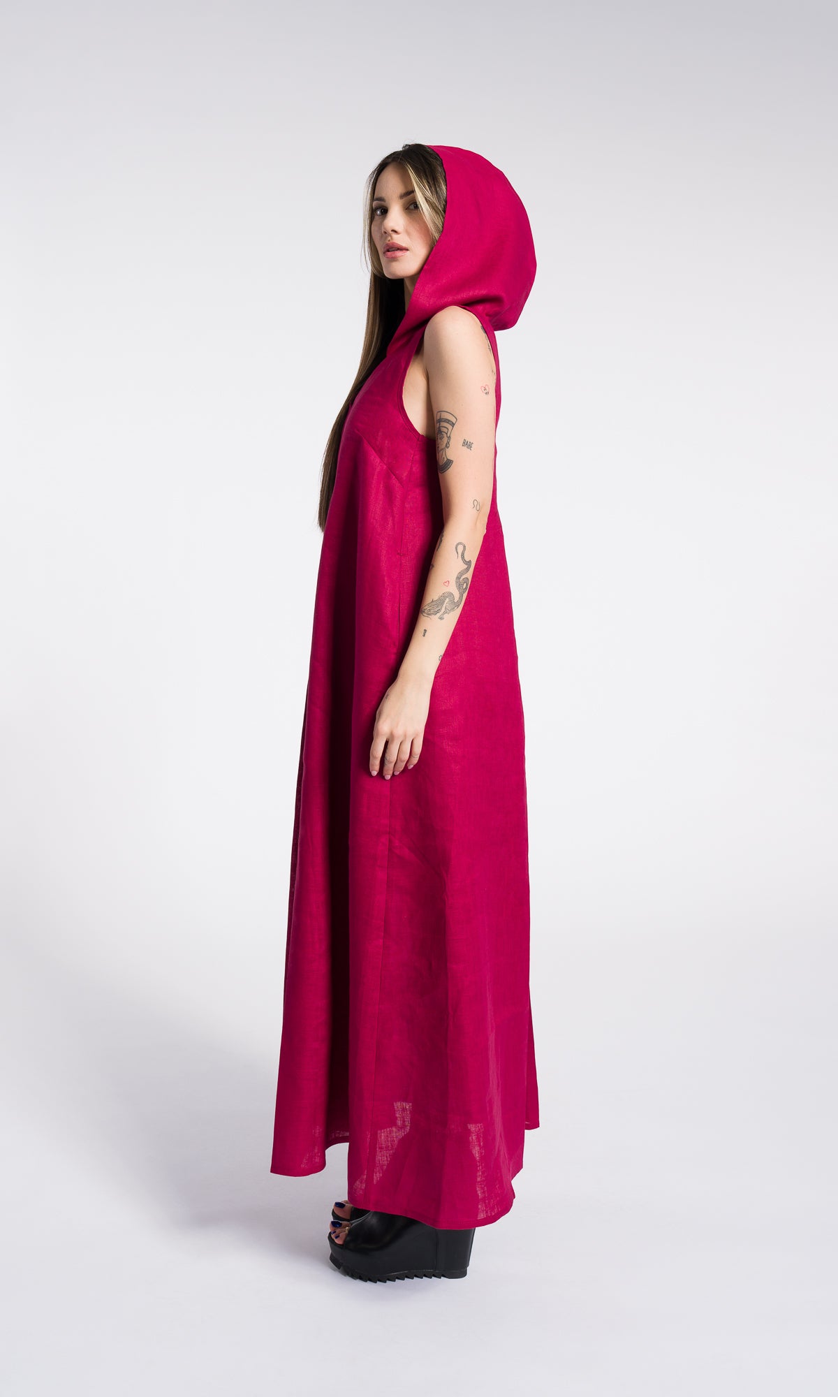 Linen Summer Maxi Dress, Front Pleat Maxi Dress with Hood and side pockets