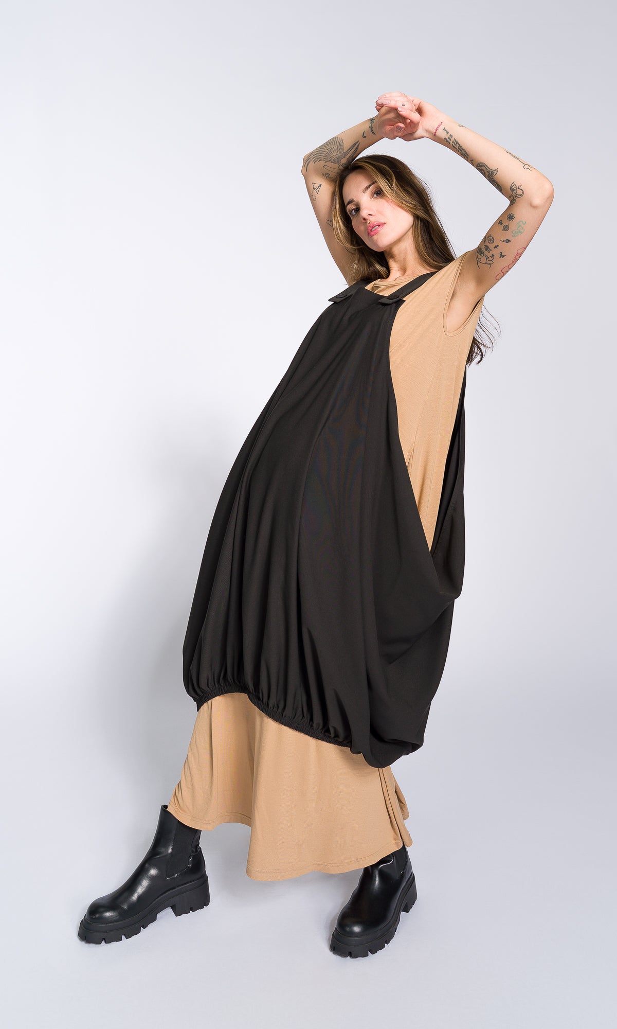 Two-piece Set of Casual Midi Dress and Balloon Apron Tunic