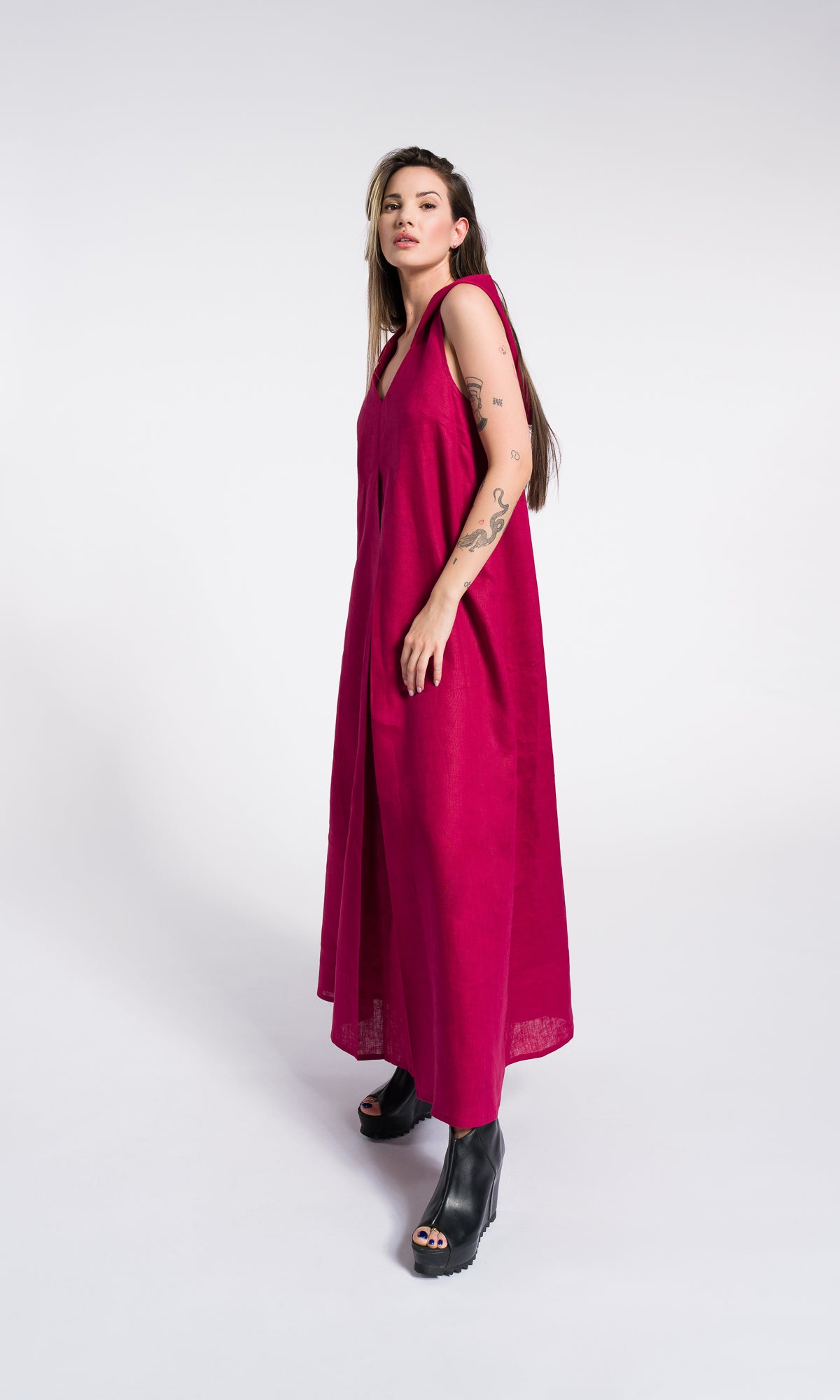 Linen Summer Maxi Dress, Front Pleat Maxi Dress with Hood and side pockets