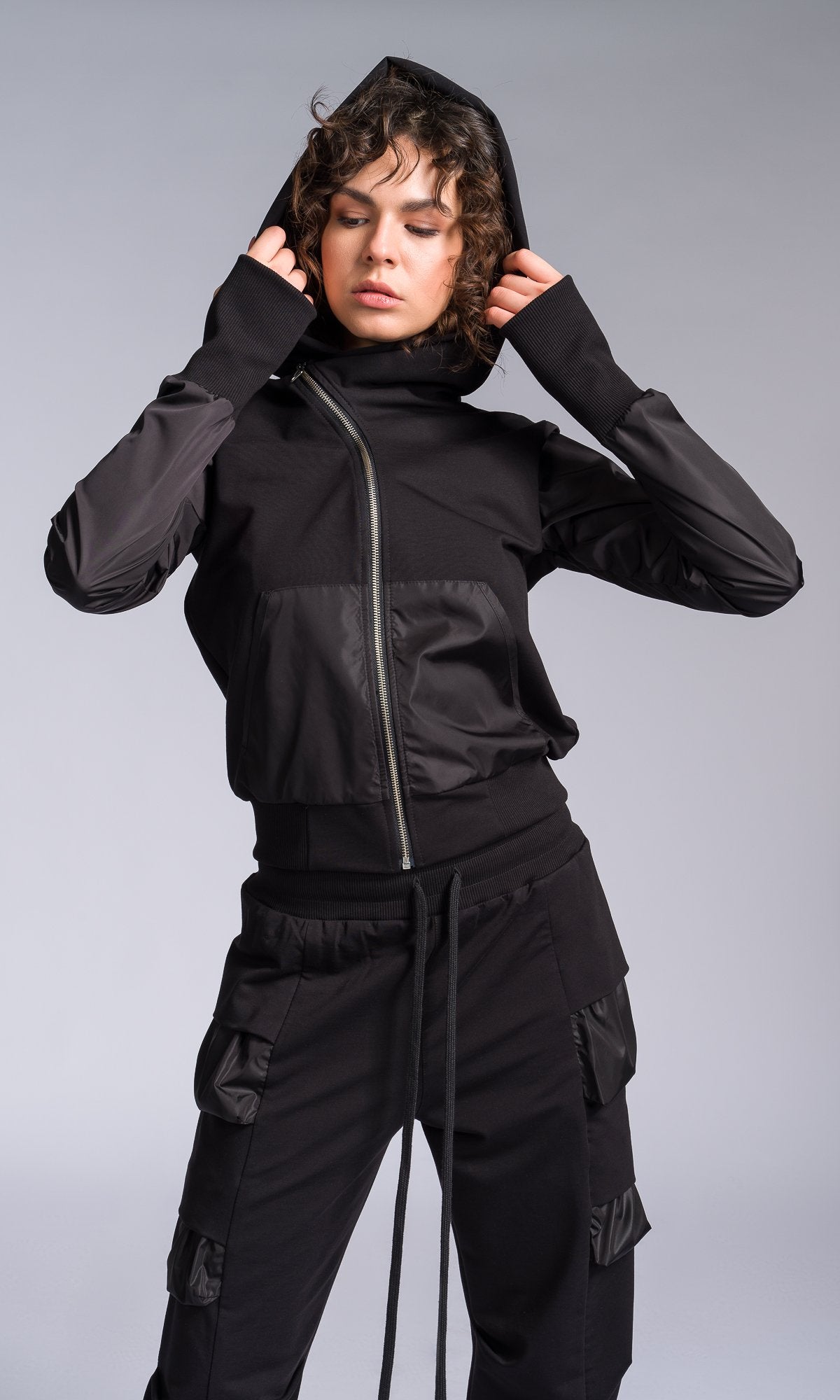 Mixed Fabric Hoodie with Asymmetric Closure - AAKASHA