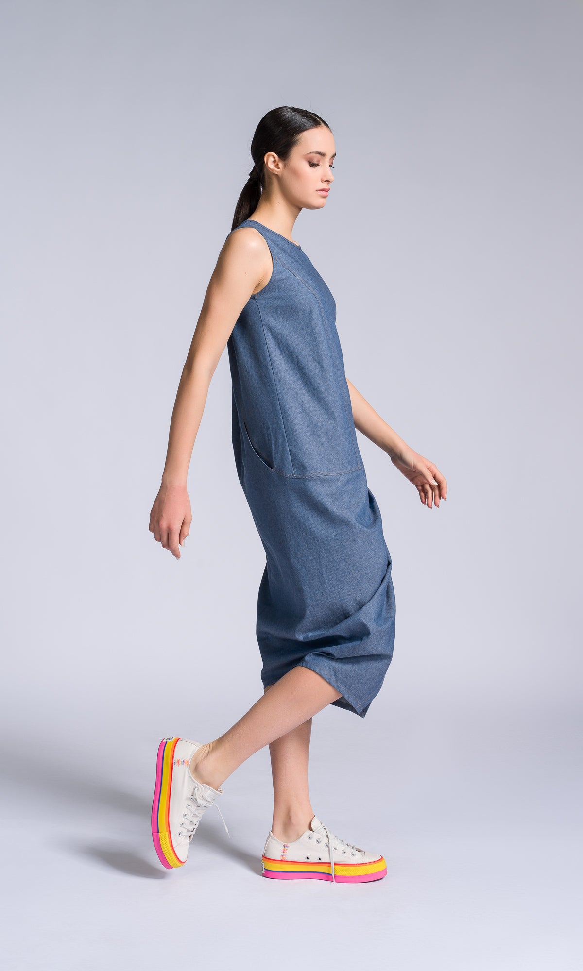 Chambray Dress with Twisted Pleat - AAKASHA