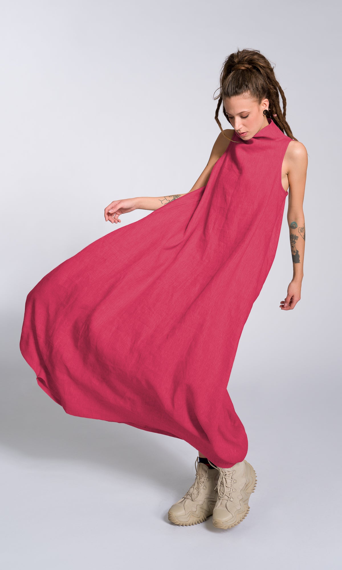 Linen High Neck Cocoon Dress - AAKASHA