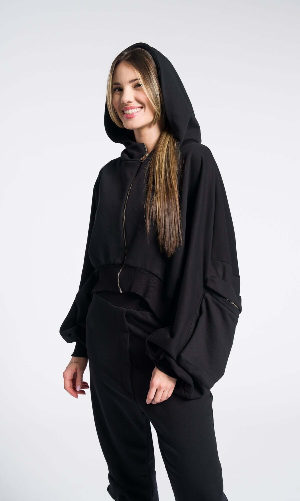 Sweat-shirt long zippé à capuche en polaire / Hoodie long avec passe-pouces / Hoodie alternatif doublé extra-long