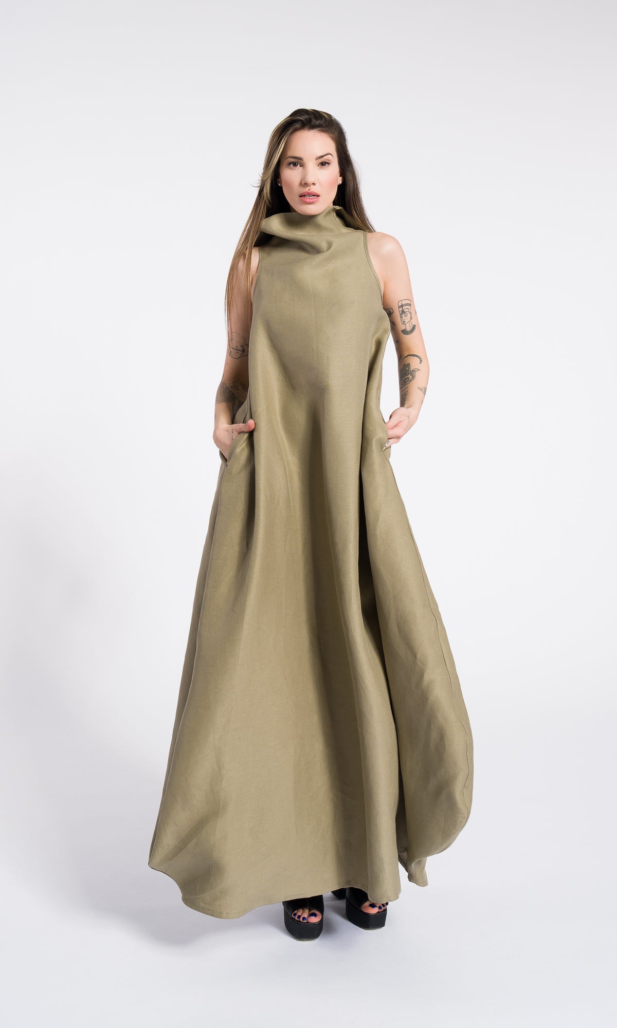 Linen High Neck Cocoon Dress
