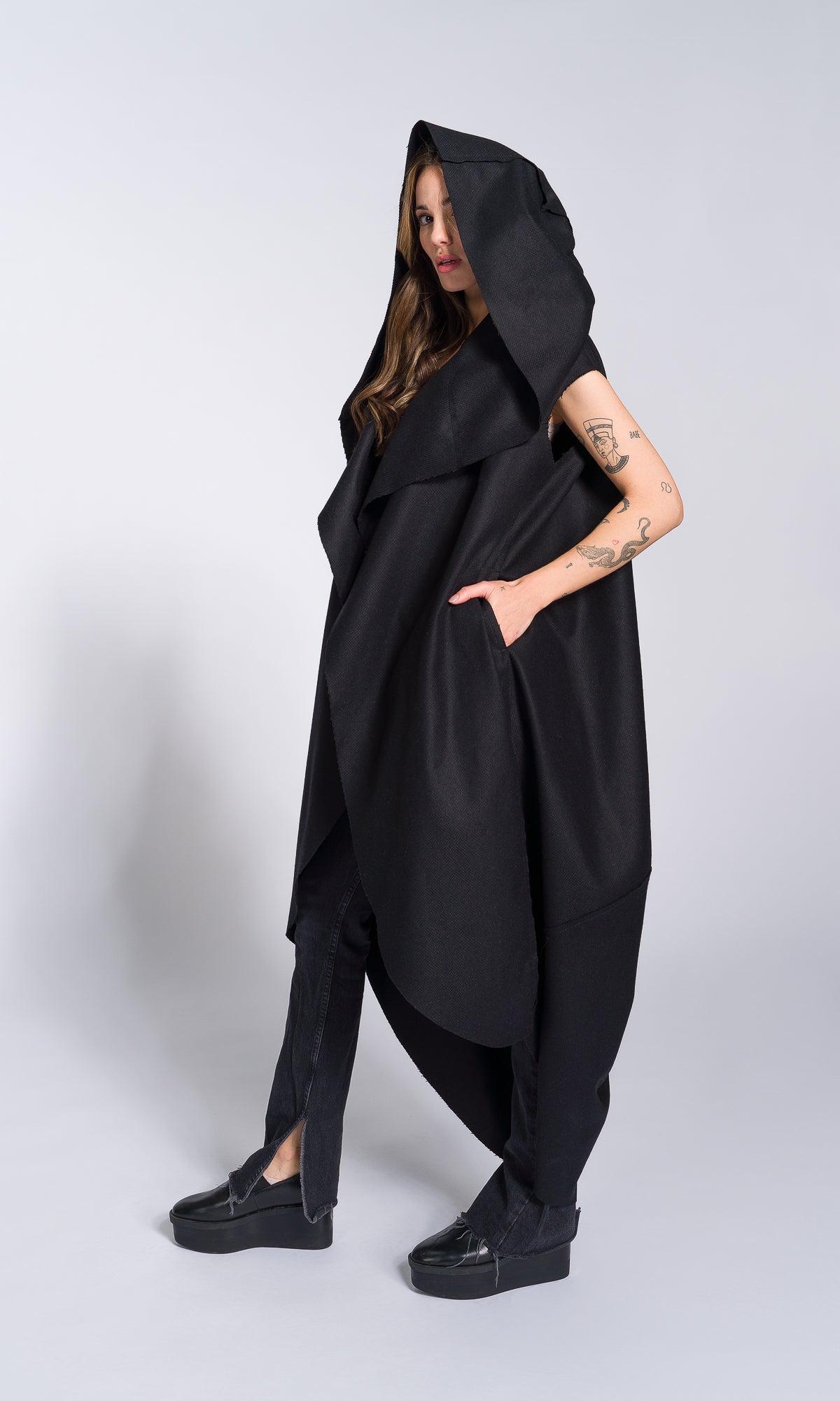 Sleeveless Cape Coat with Large Hood - AAKASHA