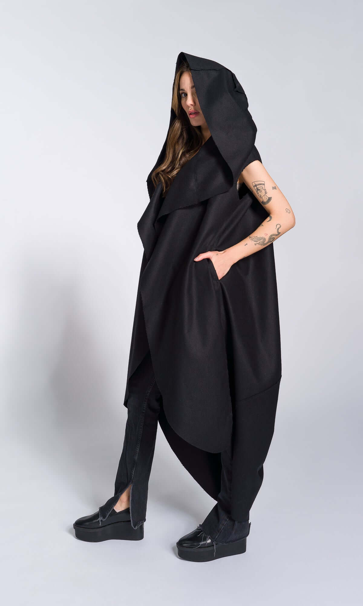 Sleeveless Cape Coat with Large Hood - AAKASHA