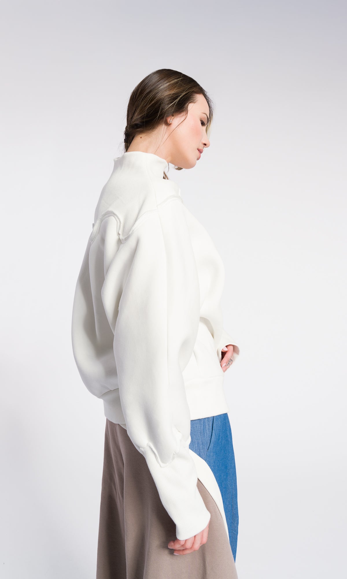 Oversized Sweatshirt Women – Minimalist Cotton Blend Top, Long Sleeve Off White Loose Pullover, Modern Asymmetrical Neckline