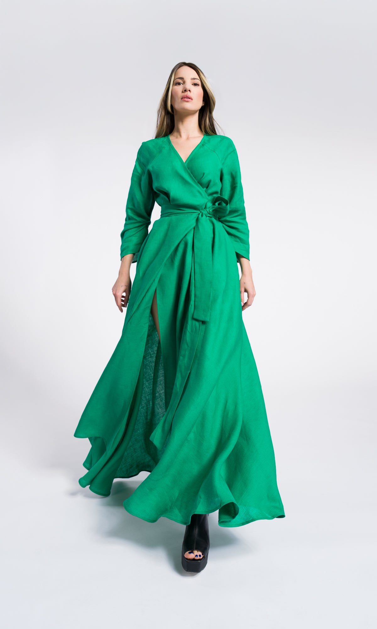 Maxi linen wrapped dress with belt and pockets , Summer long sleeves Dress, Party dress , Bohemian Flowing Dress