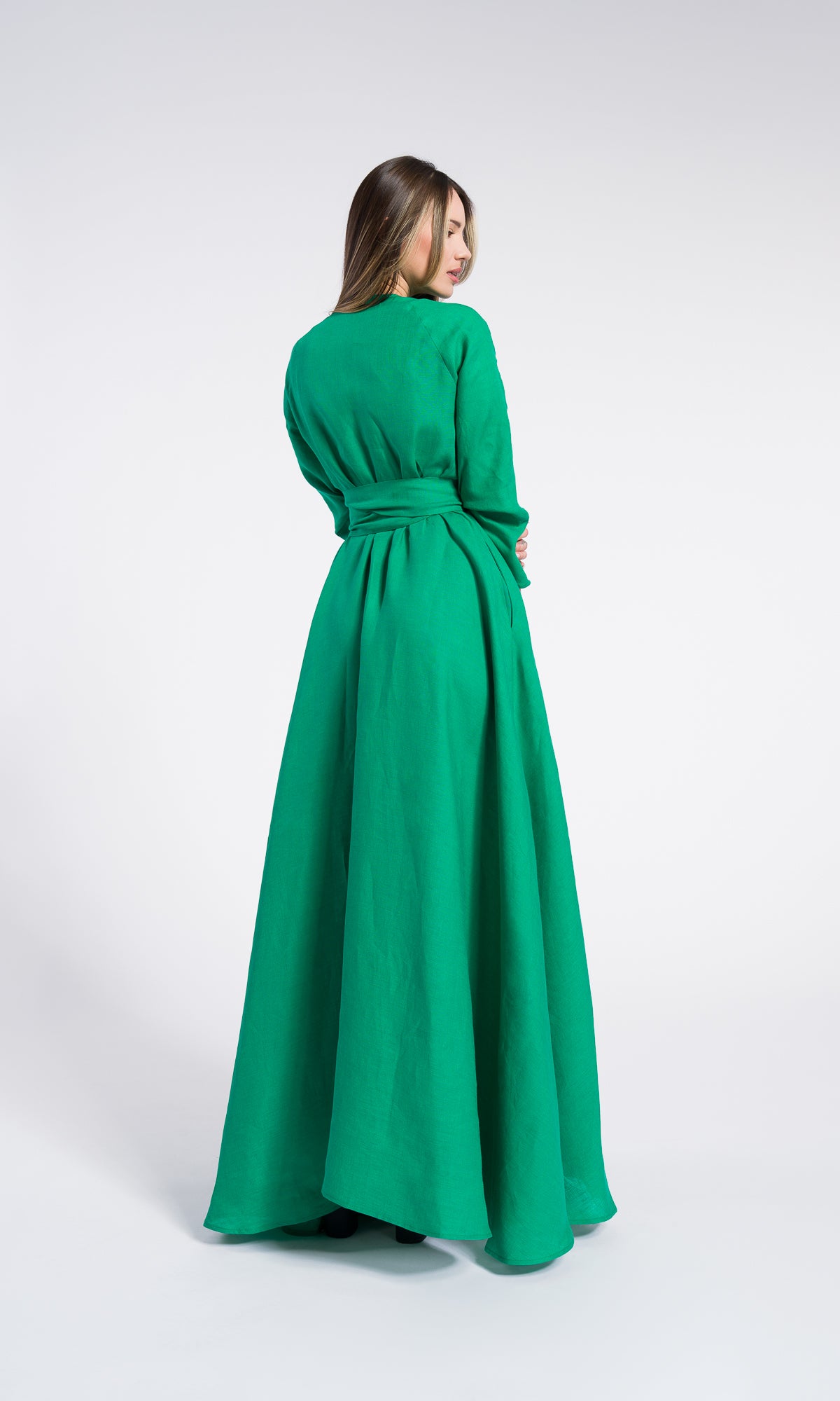 Maxi linen wrapped dress with belt and pockets , Summer long sleeves Dress, Party dress , Bohemian Flowing Dress