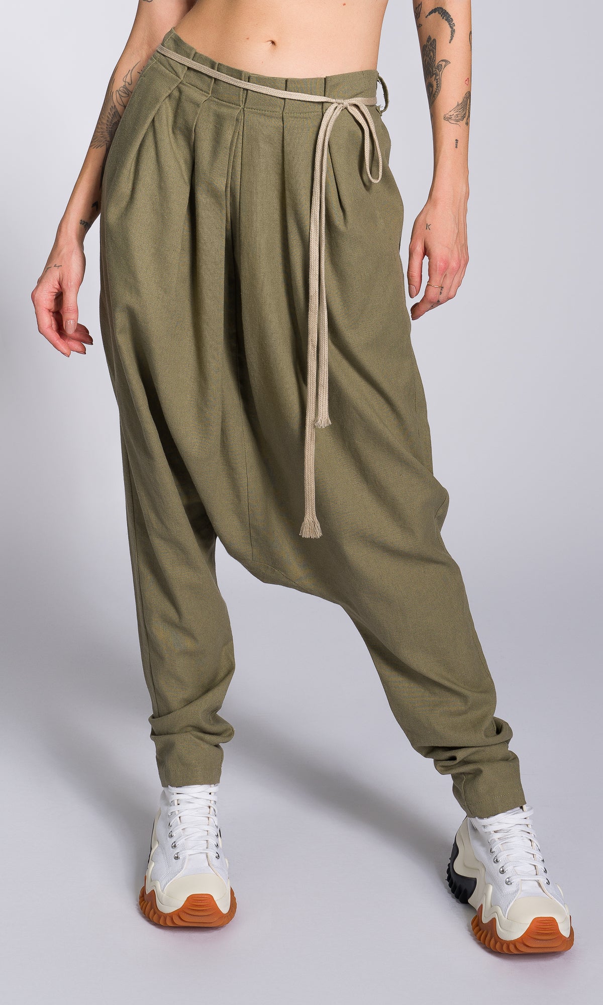 Linen Drop Crotch Pants with Front Pleats - AAKASHA