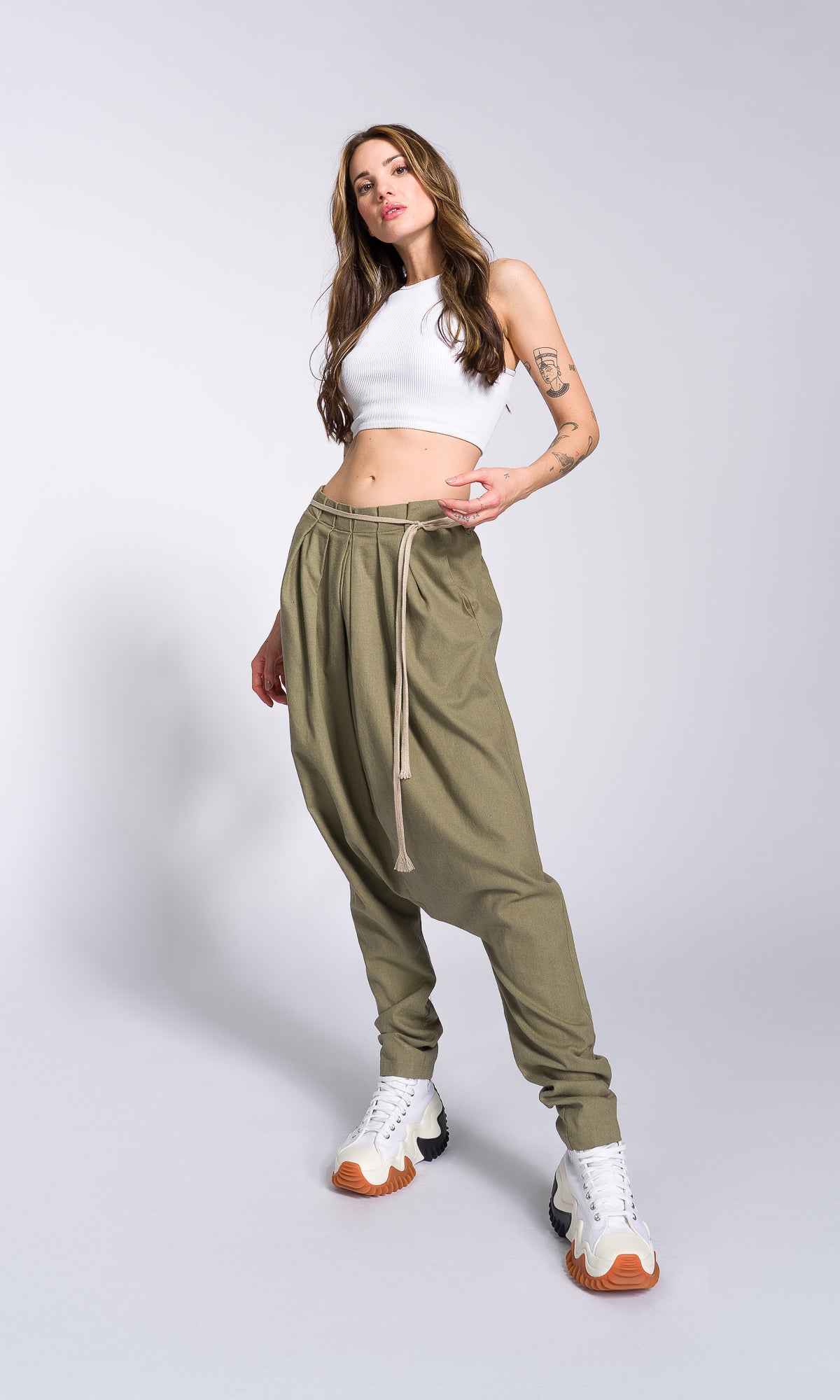 Linen Drop Crotch Pants with Front Pleats - AAKASHA