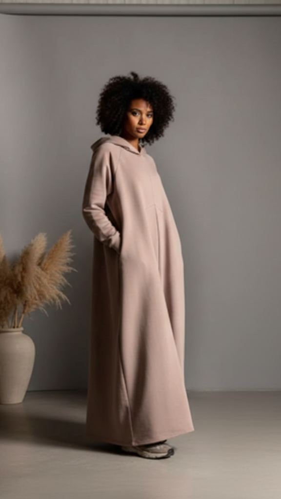Maxi Hooded Cotton Dress with Plates and Side Pockets