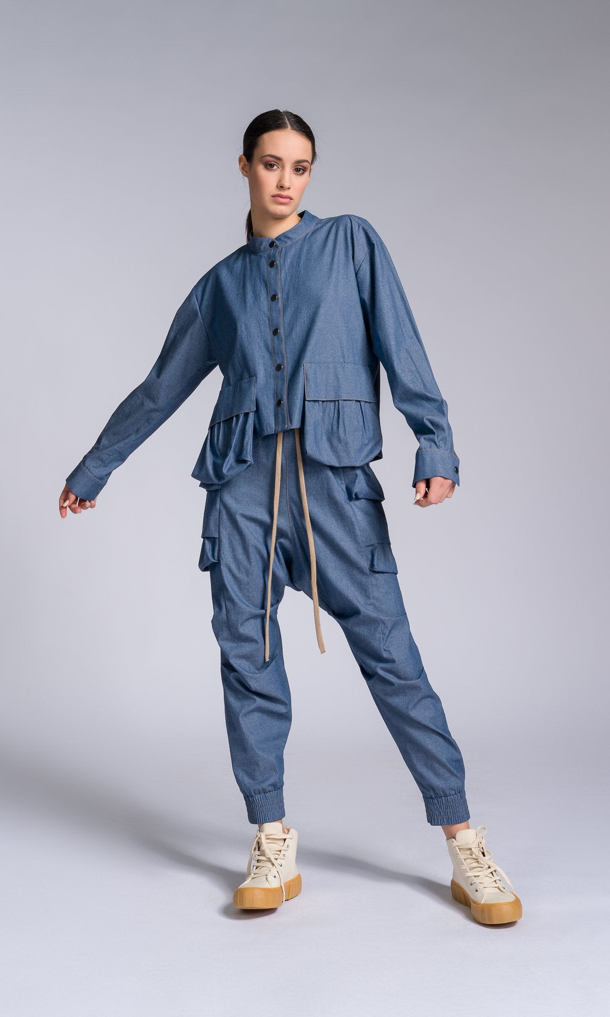Two-piece Set of Chambray Pants and Shirt with Layered Cargo Pockets - AAKASHA