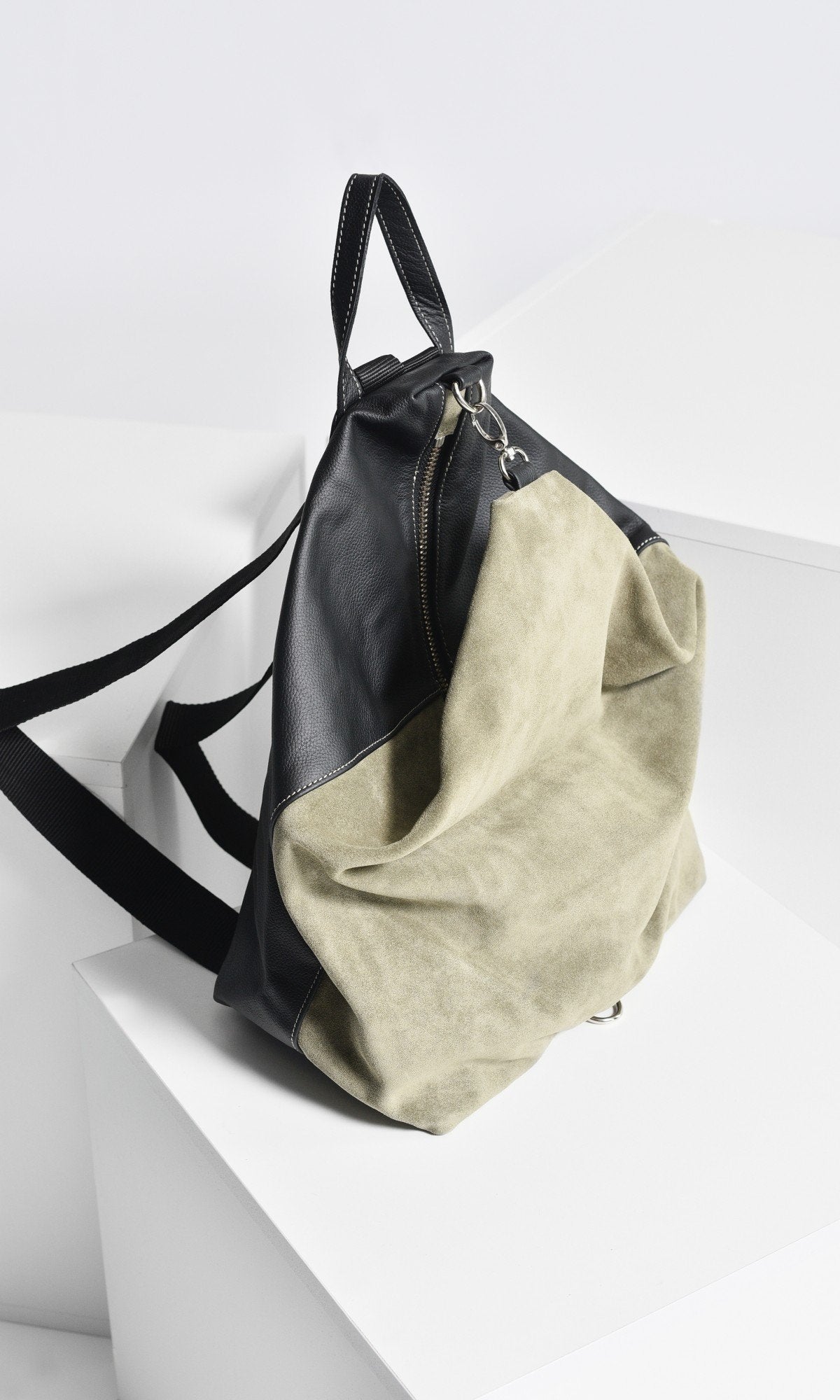 Leather and Suede Folding Backpack
