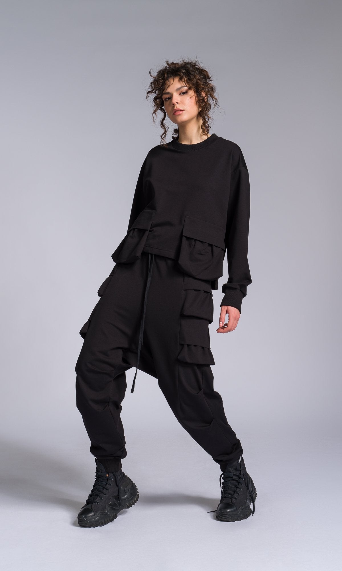 Two-piece Set of Layered Cargo Pockets Sweatshirt and Pants - AAKASHA