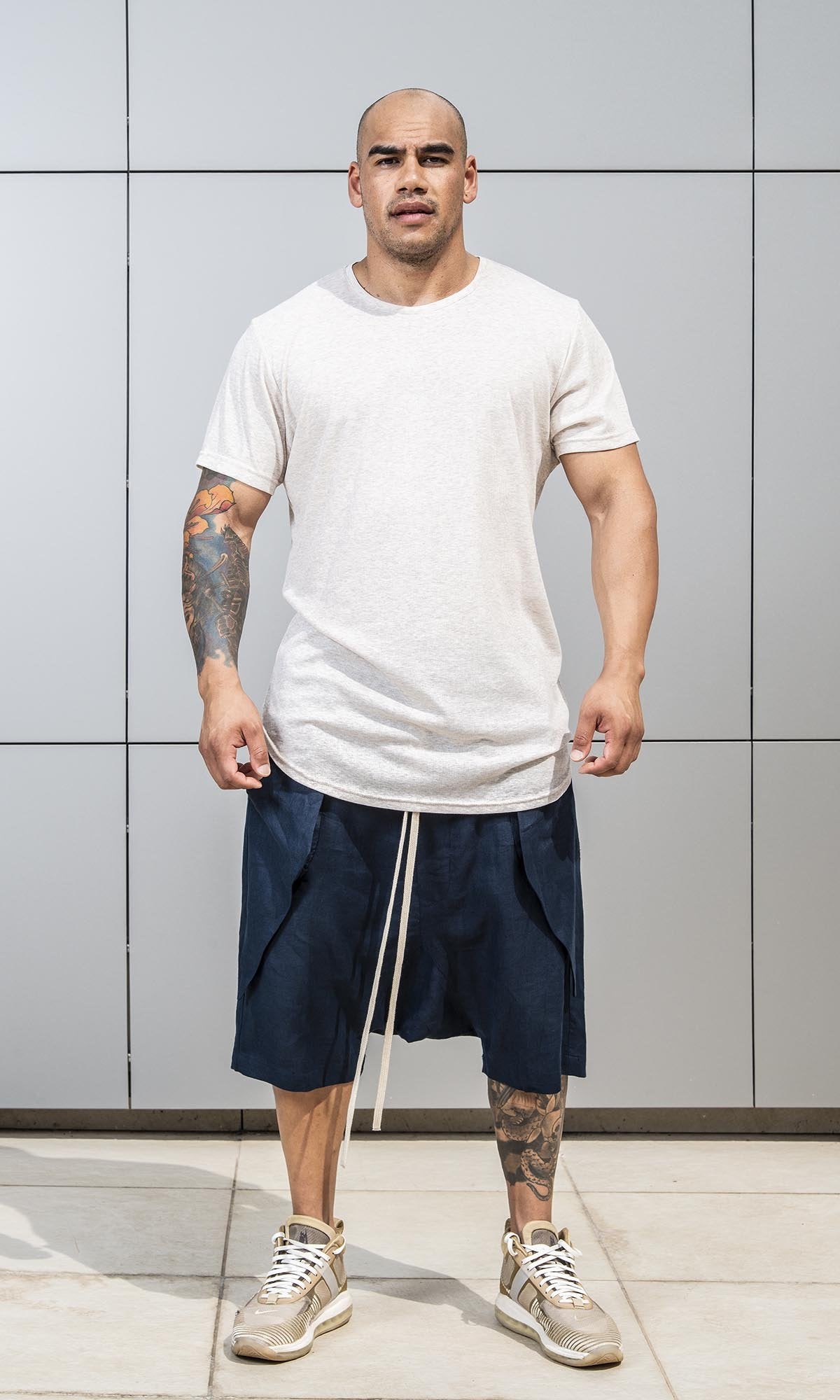 Linen Harem Shorts with Deep Drop Crotch - AAKASHA