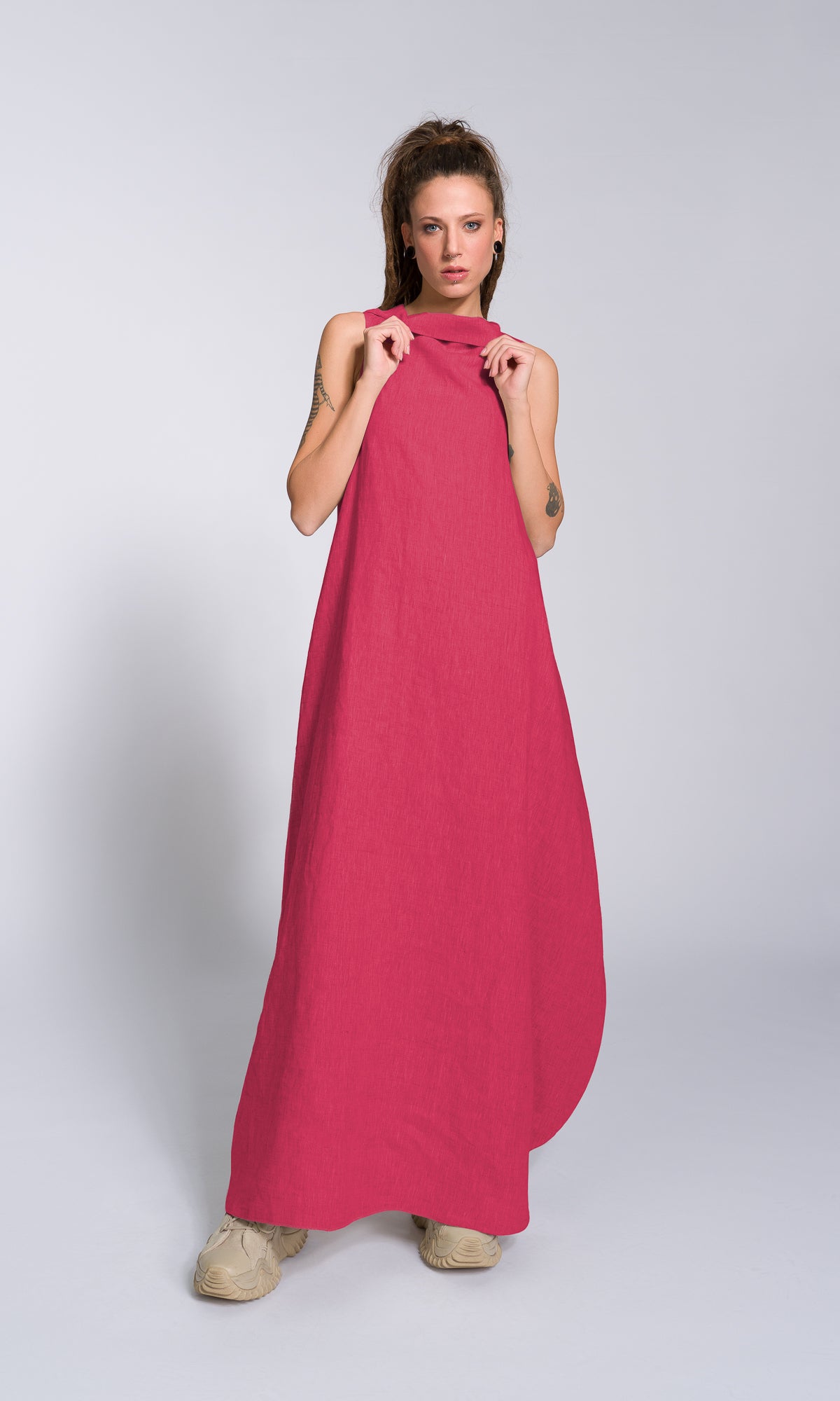 Linen High Neck Cocoon Dress - AAKASHA