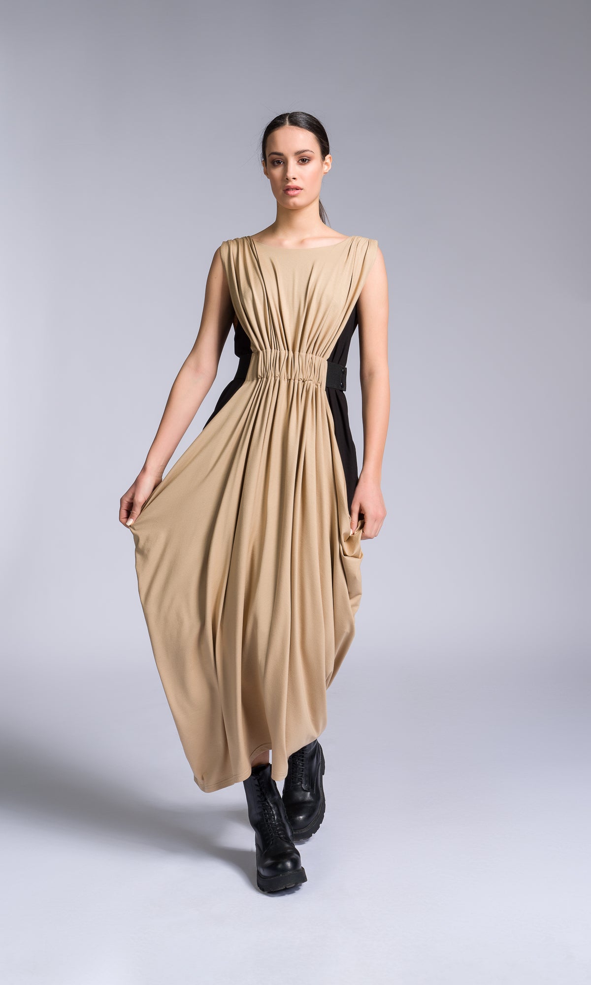 Bicolour Midi Dress with Gathered Waist - AAKASHA