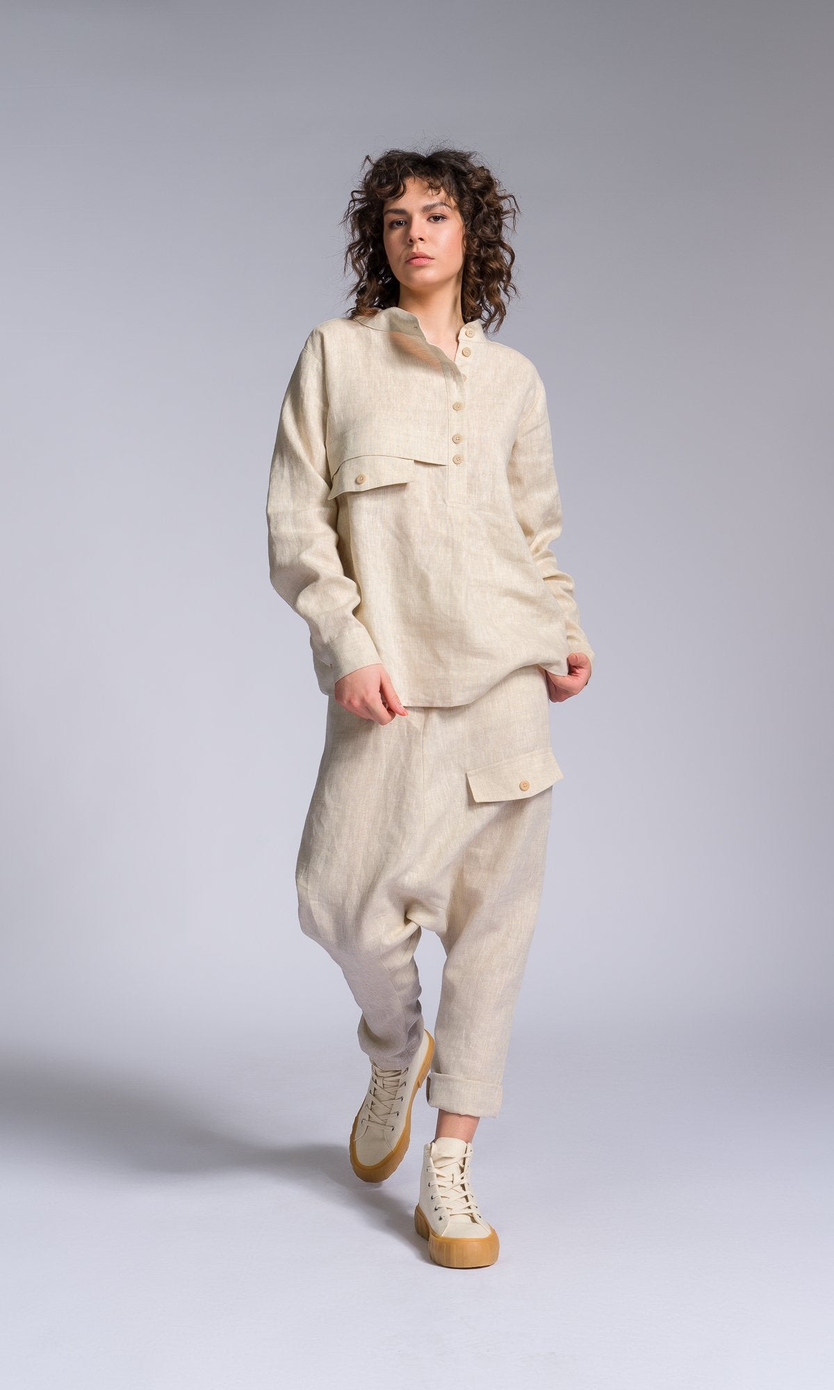 Two-piece Set of Linen Shirt and Pants with Decorative Flap Pockets - AAKASHA